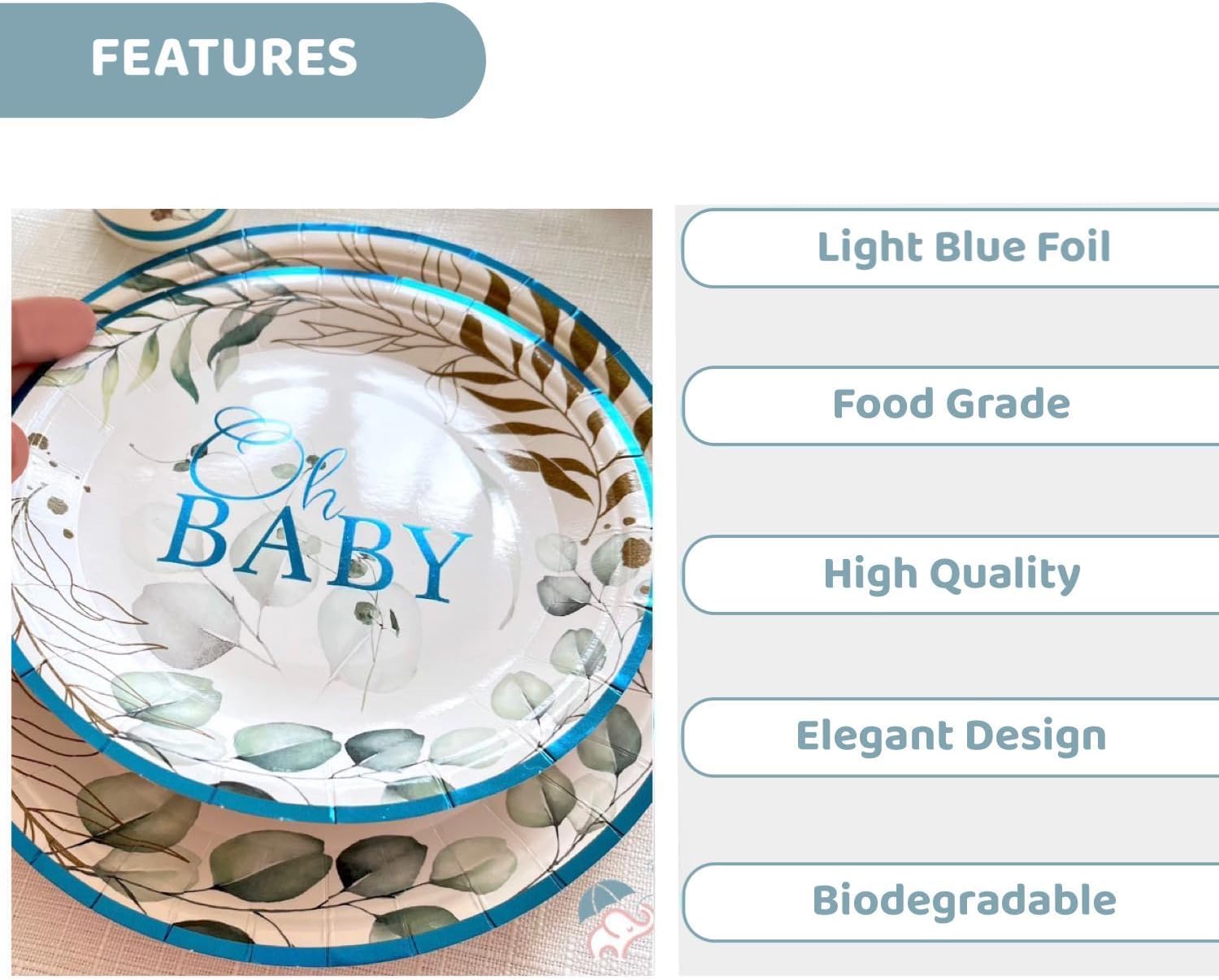 Tableware Set for Baby Shower With Blue Foil, 20 Servings, Plates, Napkins and Cups. 80 pcs Set.