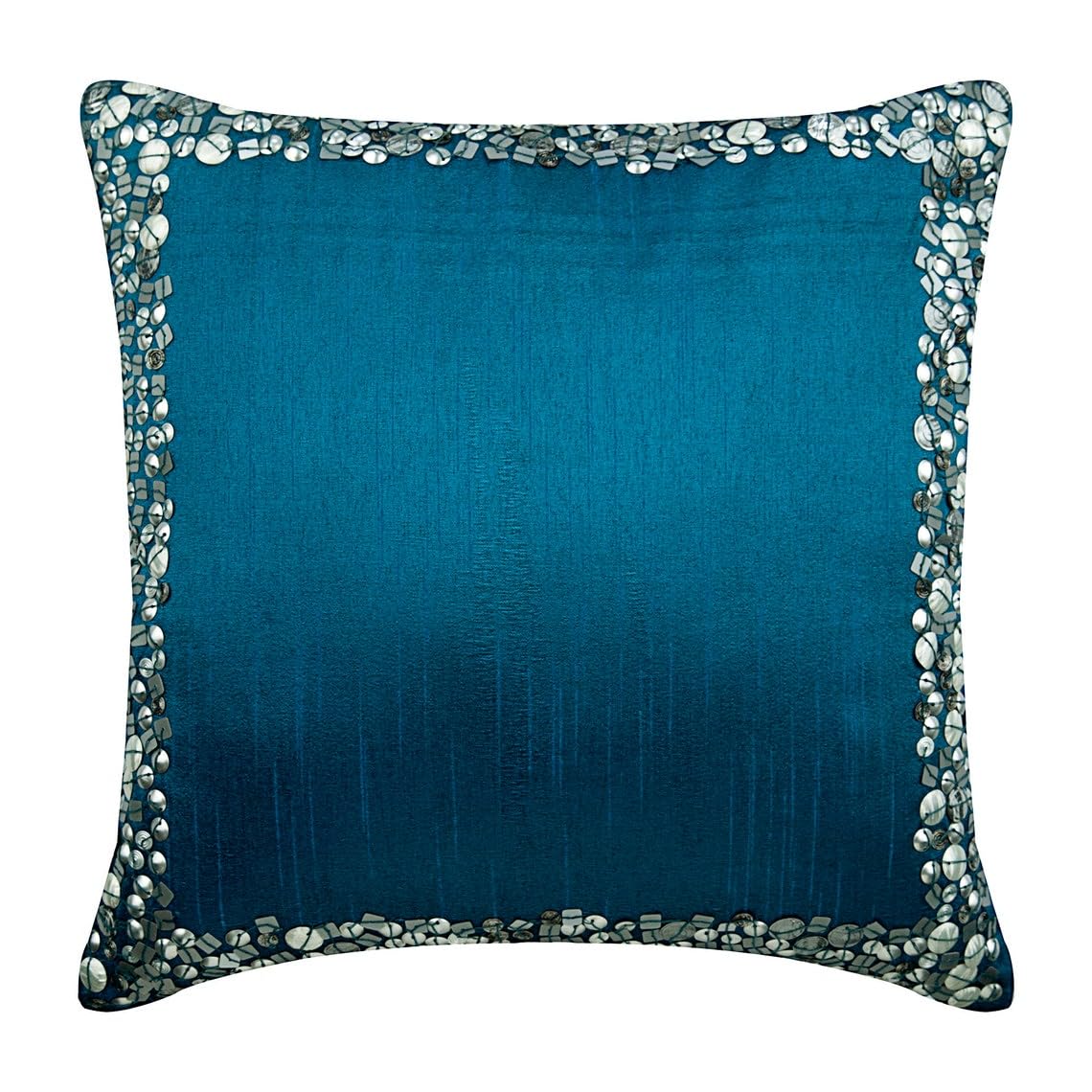 The HomeCentric Royal Blue Cushions Cover 3D Metallic Sequins Bordered Cushions Cover Pack of 2, 35x35 cm (14"x14") Cushion Cover, Square Silk Cushions Cover Bordered Modern - Royal Blue & Silver