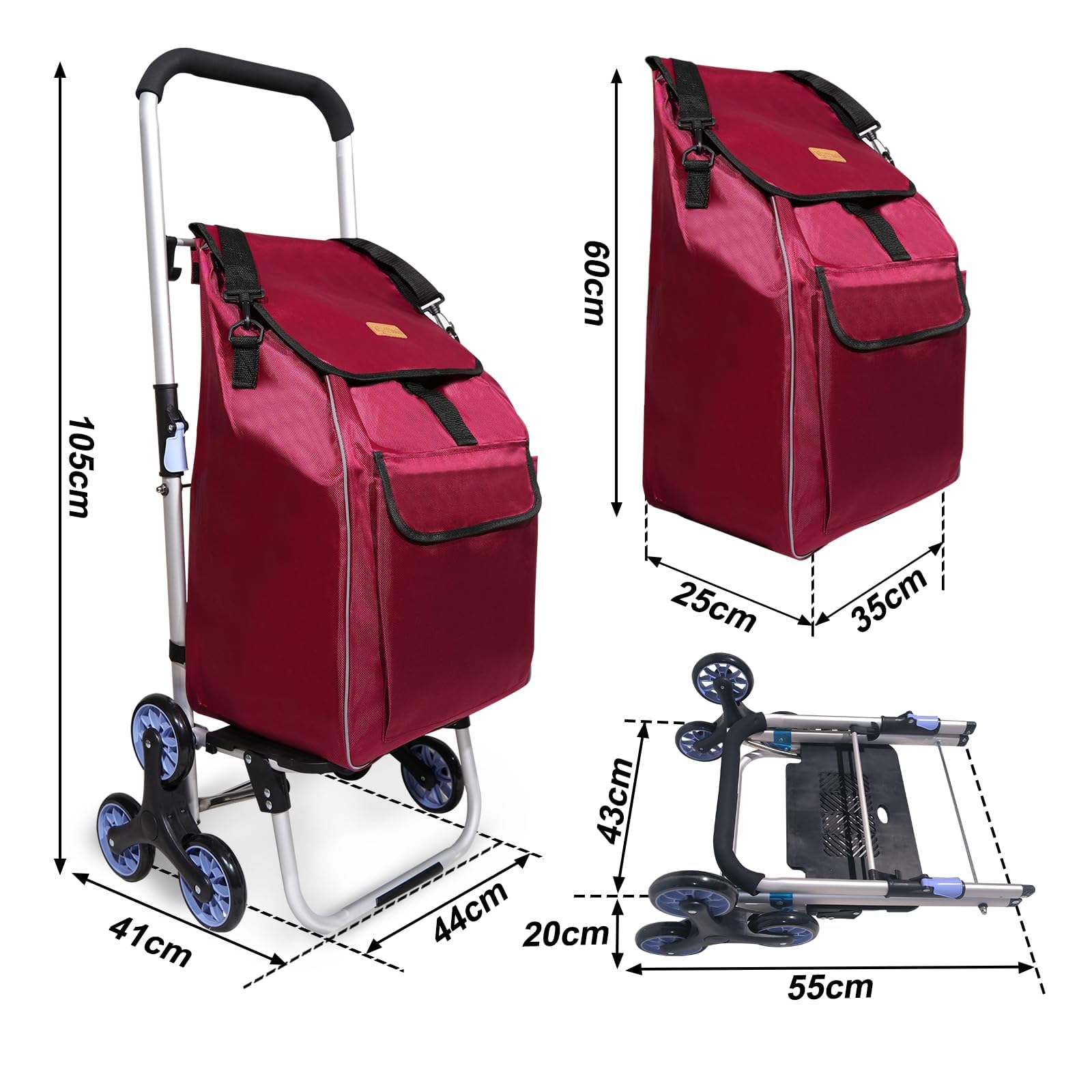 ABIUBIU Trolley per la spesa, pieghevole, borsa per la spesa con ruote, borsa rimovibile, carrello per la spesa per scale (bordeaux01, XXL)
