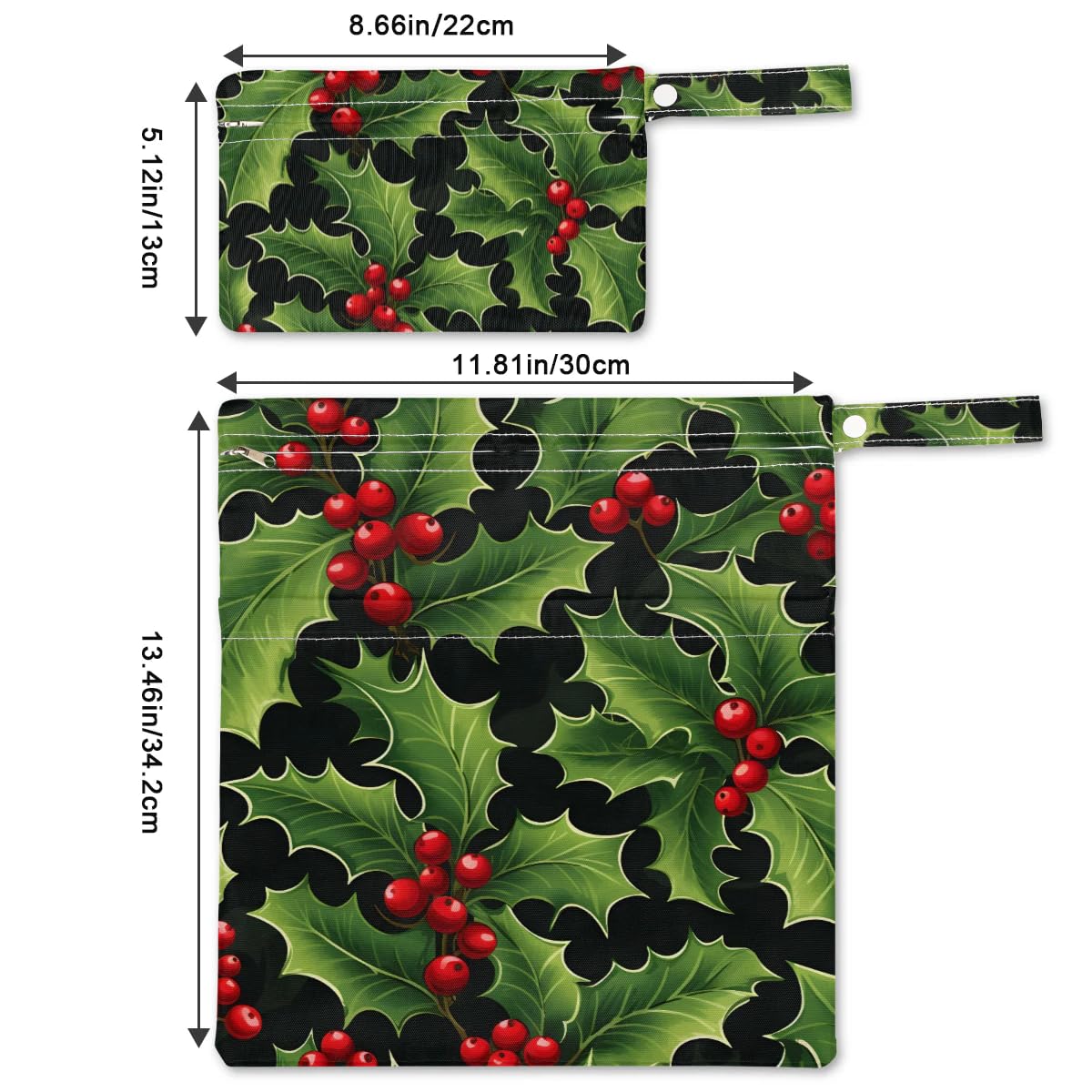 2pcs Cloth Diaper Wet Dry Bag with Two Zipper Pocket Waterproof Storage Bag Travel Laundry Bags, Beach, Pool, Breast Pump Parts, Gym Bag for Swimsuits & Wet Clothes for Baby (Red Berries Xmas)