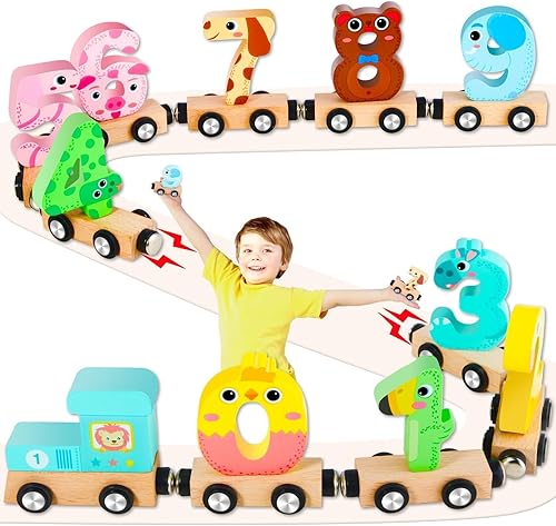 Keeygo Juguetes para niños pequeños, 11 piezas de trenes de animales de conexión magnética, juego de tren de madera STEM desmontable, juguete