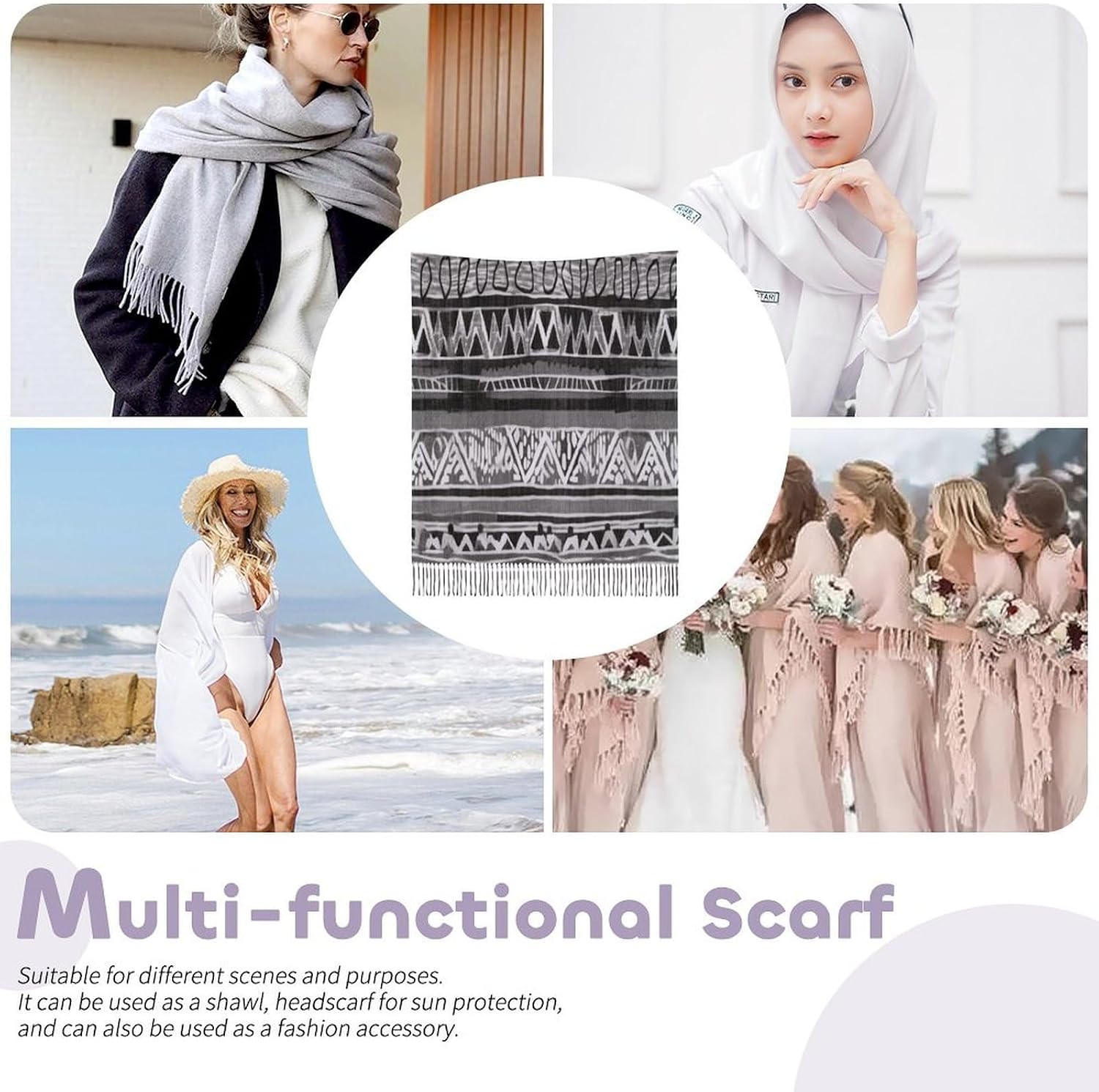 Grey Tribal Scarf for Women Men Classic Fashion Blanket Scarves Soft Cashmere Feel Scarf Cold Weather Warm Long Shawl Winter Large Scarves Classic Blanket Scarfs Thick