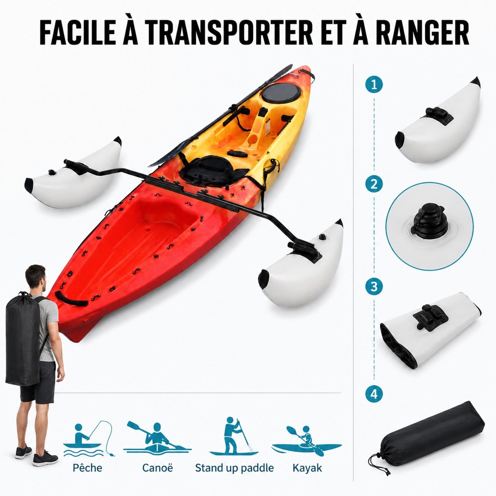 Kit de 2 flotteurs stabilisateurs gonflables en PVC pour Kayak et canoë