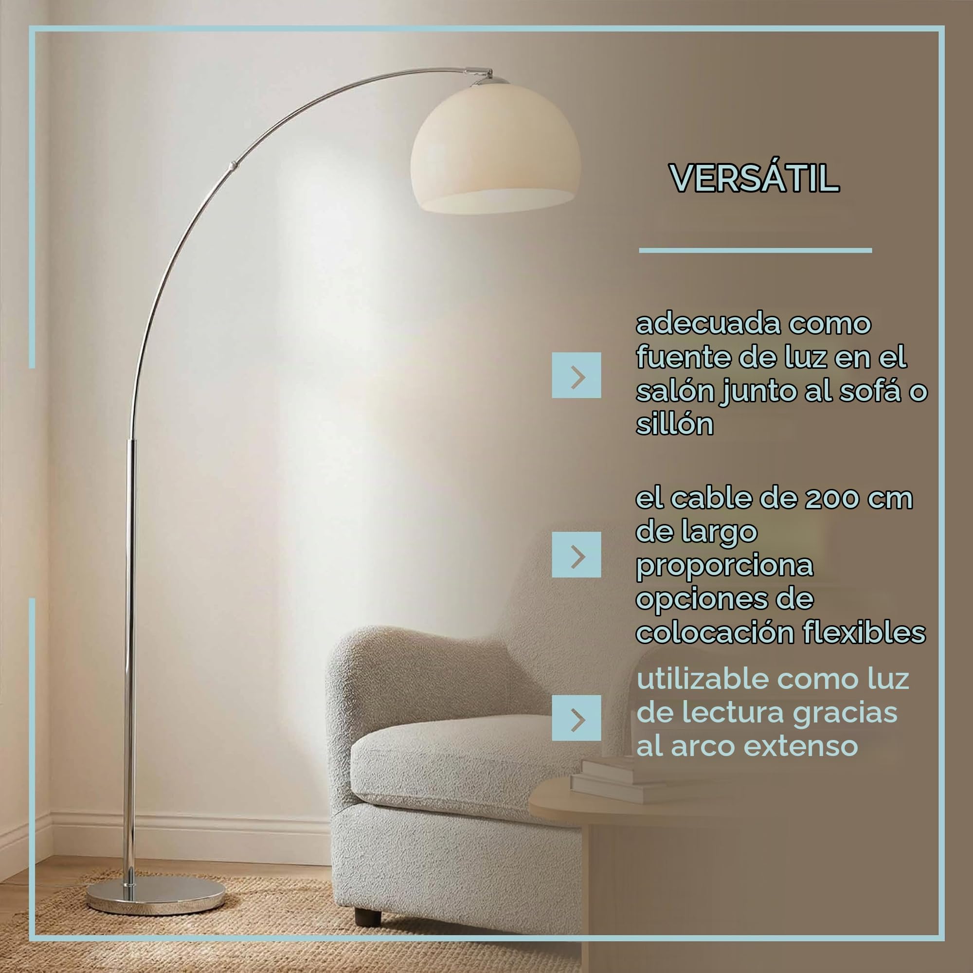 Lightbox Bogenlampe 166 cm, Chrom & Weiß, schwenkbare Lampe