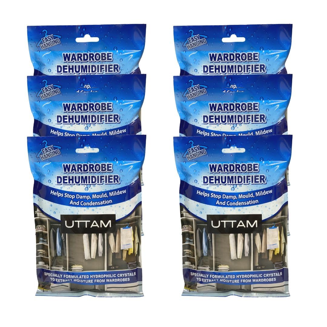 UTTAM Wardrobe Dehumidifier Hanging Bags Bulk Pack, Condensation, Dehumidifiers for Damp, Mould, Moisture Absorbers, Bedroom, Caravan, Bathroom, Basement, Office (210g Each) (Pack of 6)