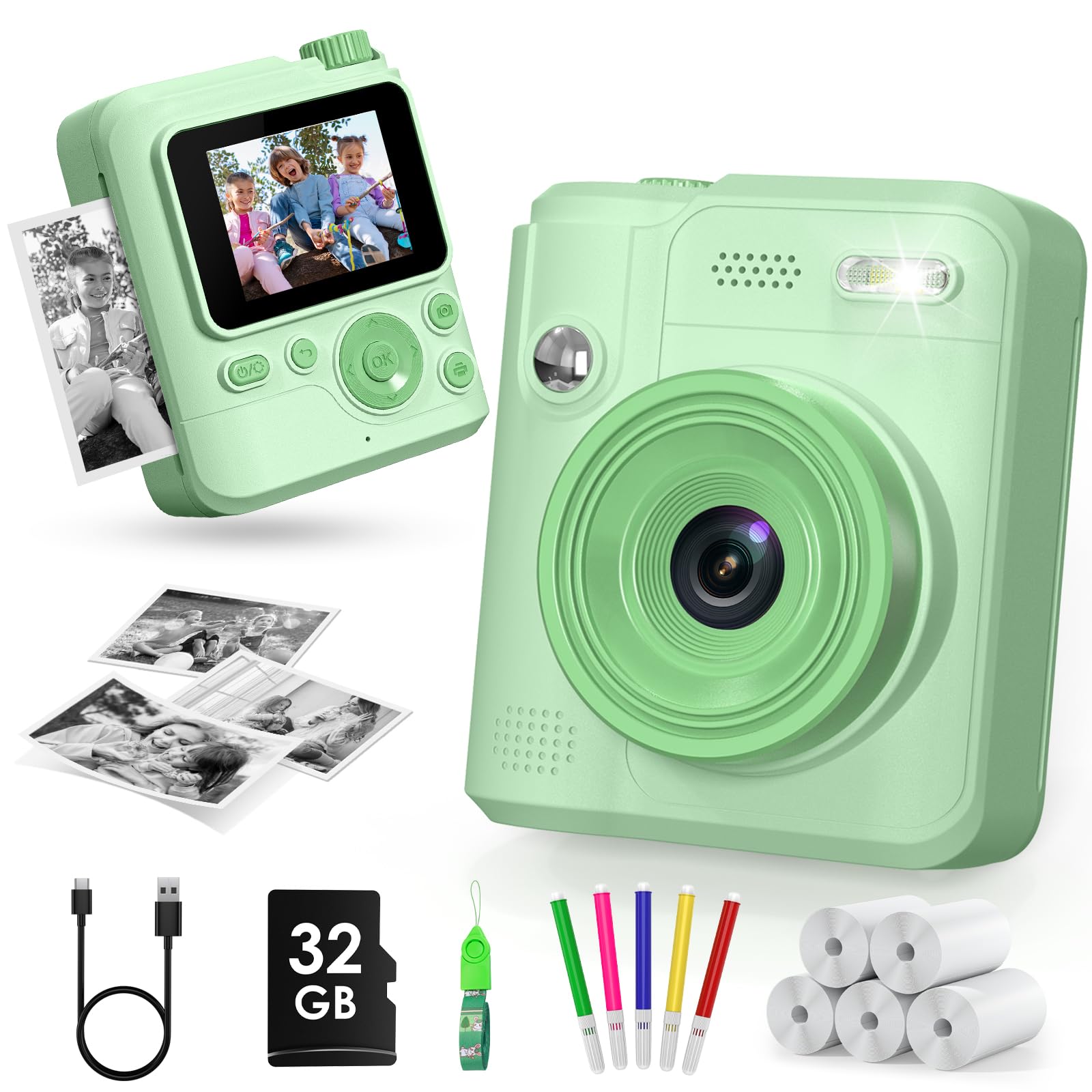 Gofunly Kids Camera Instant Print, 1080P Digital Camera for Kids with 32GB Card & 5 Print Paper Rolls, Selfie Toy Gift for Girls & Boys Ages 3-12, Green
