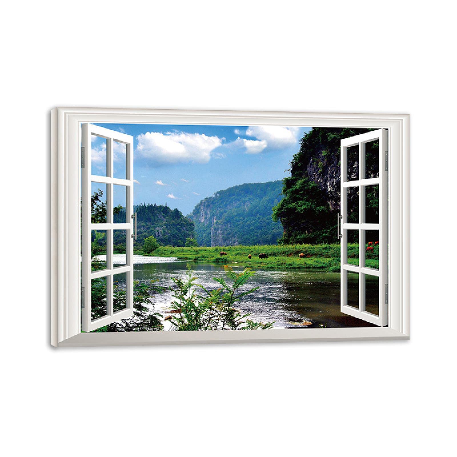 3D Window View Wall Art-River Lawn-Nature Painting Print on Canvas-Landscape Picture Ready to Hang-Living Room Wall Decor Poster 80x120cm31x47in Framed