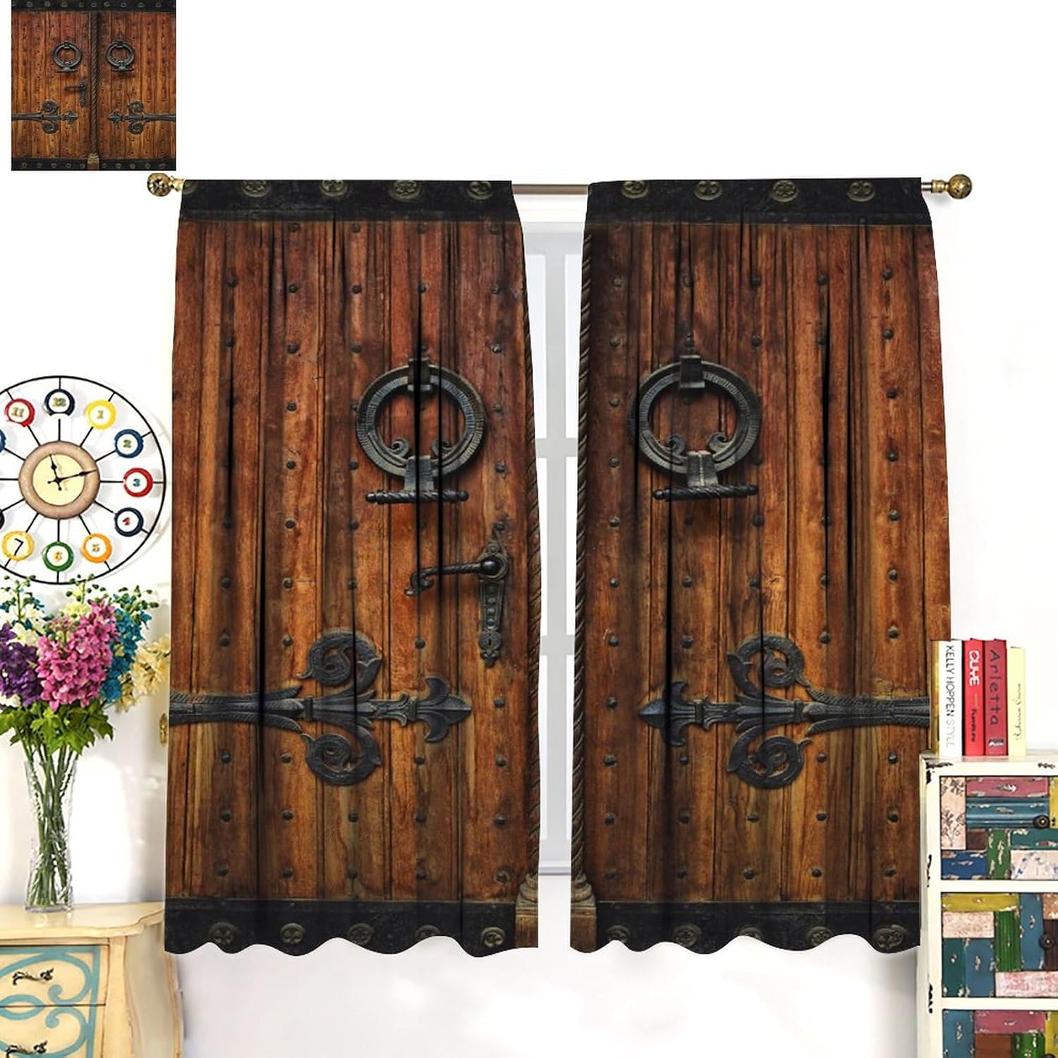 Wooden Doors Blackout Curtains for Bedroom, Wooden Barn Doors Rustic Farmhouse Country Retro Metal Rod Pocket Thermal Insulated Room Darkening Curtains Bedroom Curtains 63x72in