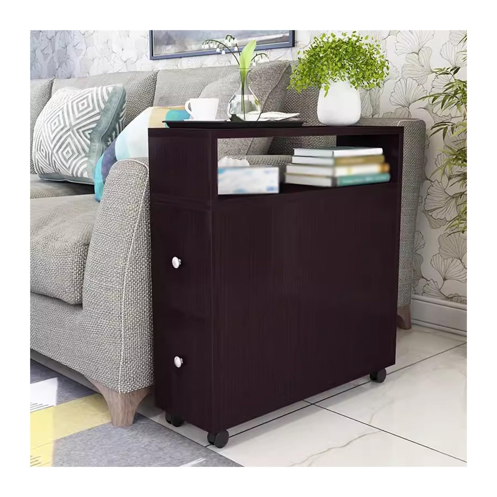Gabinete lateral de esquina con 2 cajones y ruedas mueble auxiliar negro para salón y cocina