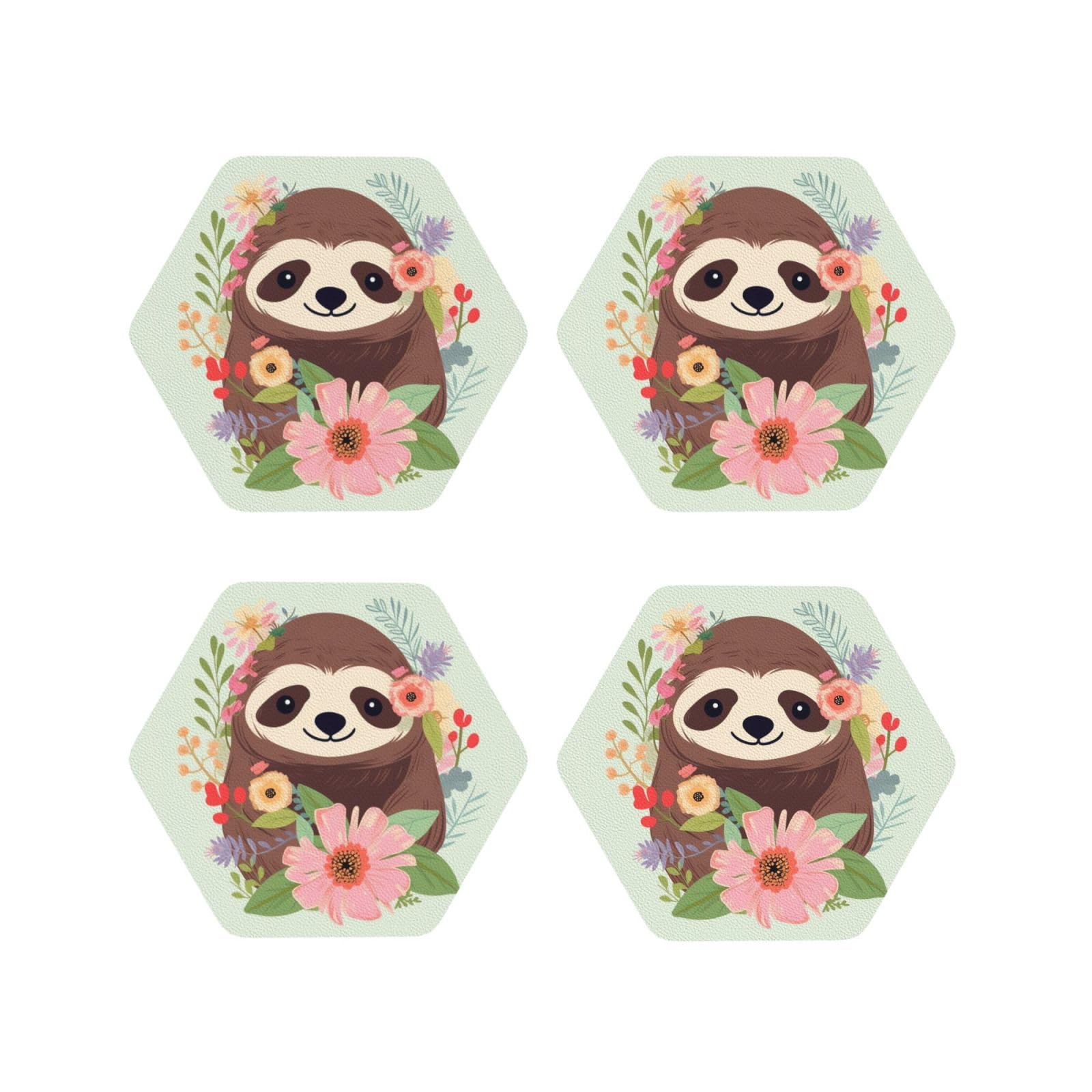 4Pcs PU Leather Coaster for Drinks, Sloth and Flowers Cup Coastersr 4" Cup Mat Pad, Aesthetic Drink Coasters for Coffee Table, Hexagon Coaster for Tabletop Protection