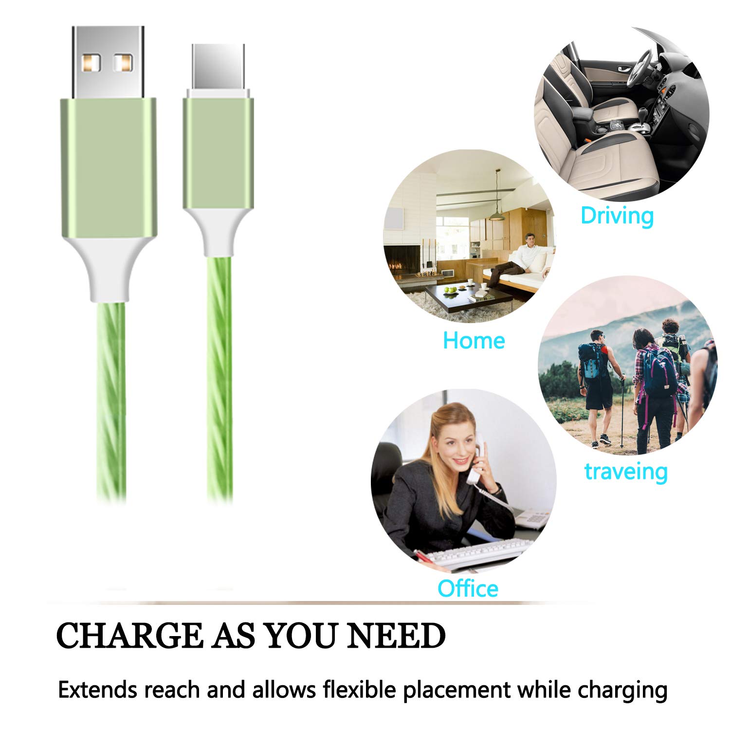 Black Friday - 70% OFF Type C LED Lighting Cable 360 Degree Light Up Visible Flowing Liquid LED Type C Cable Cord for Galaxy S10, S10+, Note 9, S9 S8, LG V30 V50 G6 G7, Google Pixel 3a XL, One Plus 7 Pro 3.3ft 2-Pack(green)