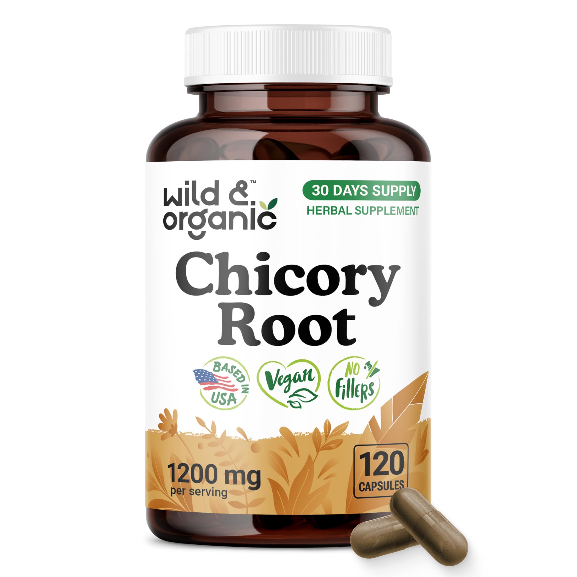 Wild & Organic Chicory Root Capsules - Digestive & Gut Support - 120 Count 120 Count (Pack of 1)