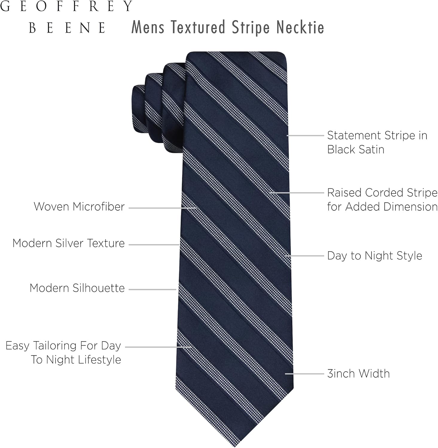 Geoffrey Beene Mens Classic Formal Casual Modern Pattern Design Textured Stripe Necktie Pocket Square Set