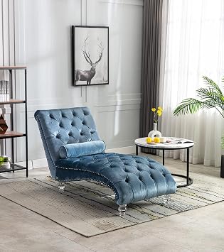 Velvet Chaise Lounge Chair with Toss Pillow, Modern Tufted Button Chair with Acrylic Legs, Upholstered Indoor Sleeper Chair for Living Room, Bedroom, Lake Blue