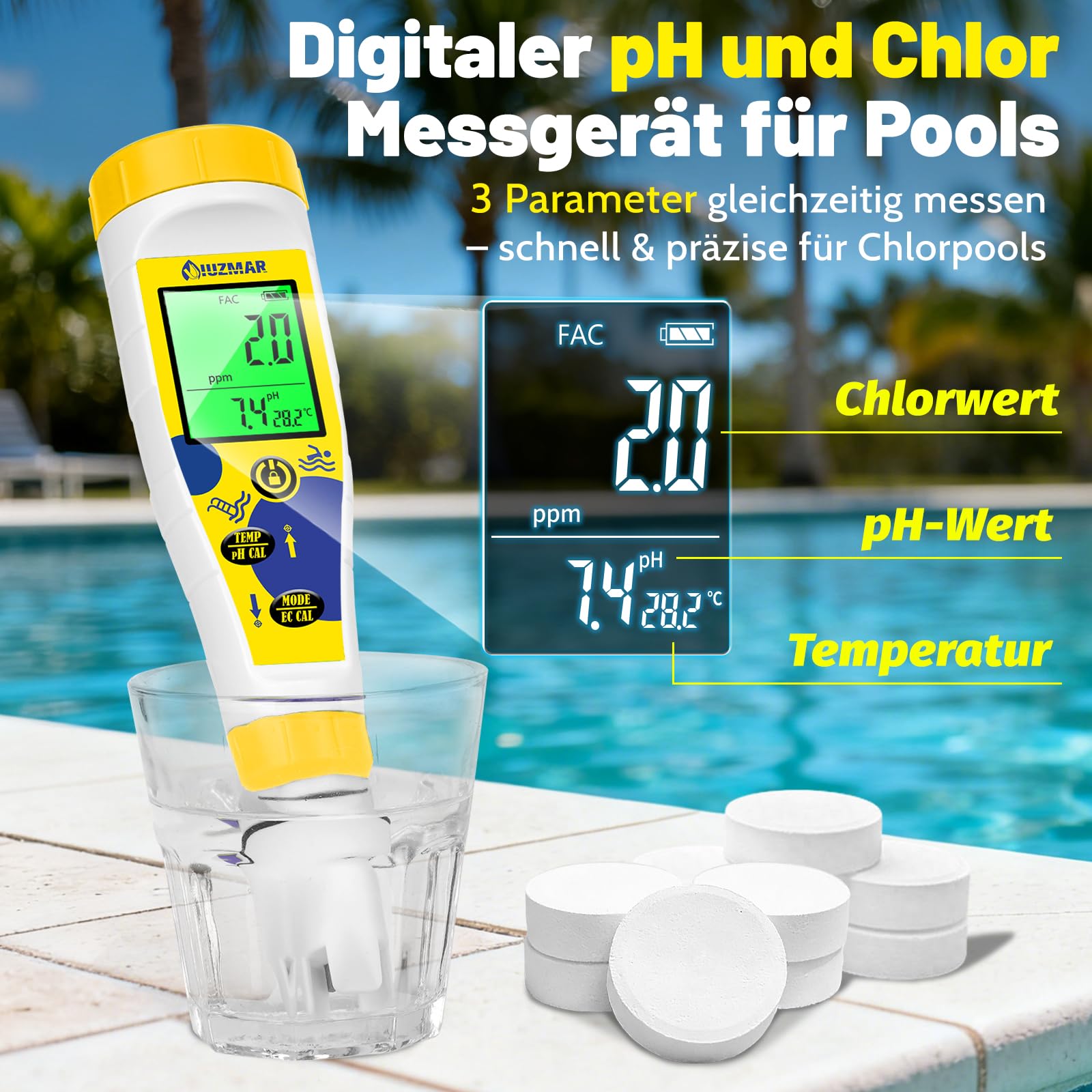 UIUZMAR Digitales pH und Chlor Messgerät Pool, 7-in-1 pH Salztester für Salz Pool mit Gleichzeitiger Anzeige, Multifunktionales pH Salzgehalt EC TDS ORP Messgerät Für Whirlpool Spa Schwimmbad