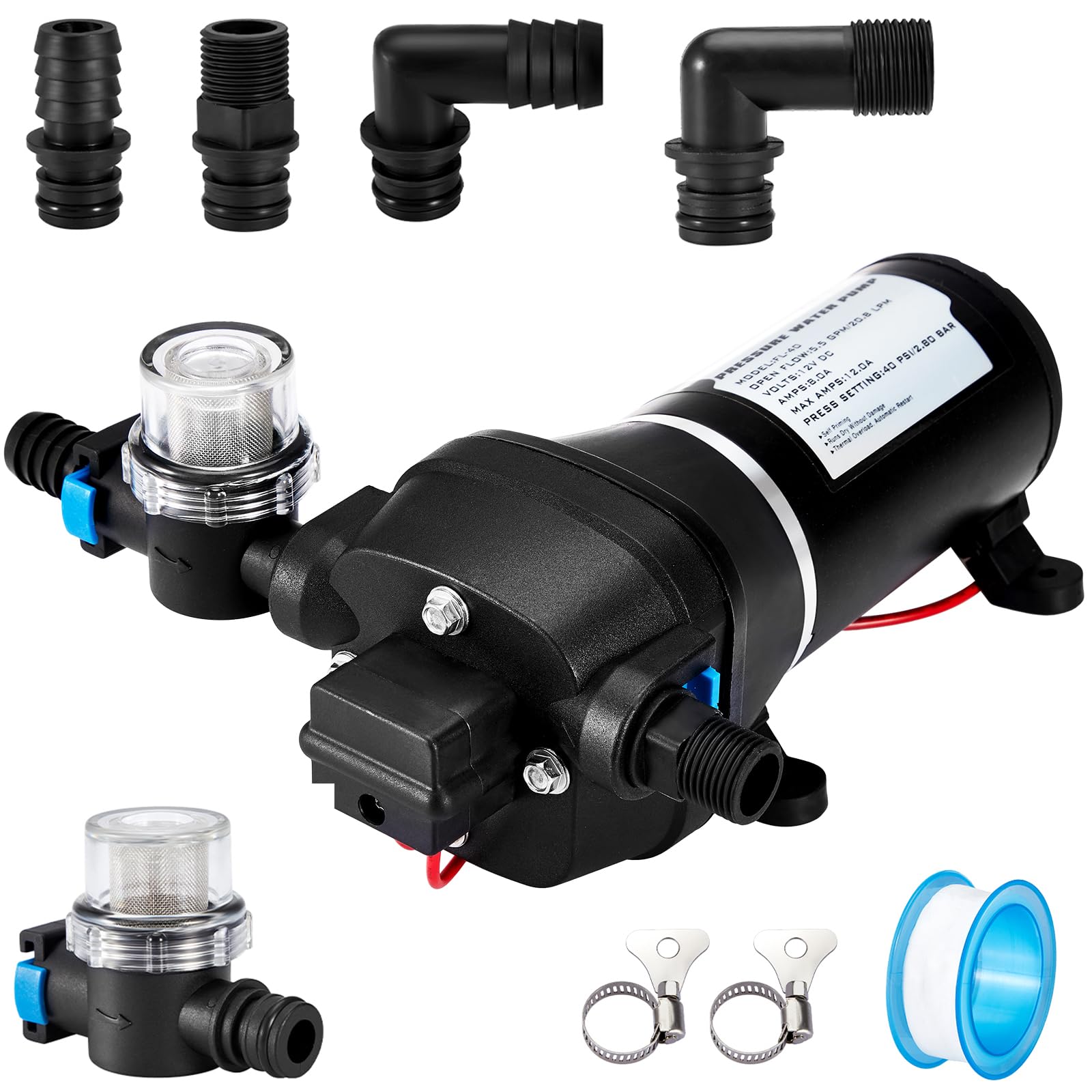 Bomba de Agua 12V para Autocaravanas con Filtro de Malla, Bomba de Membrana 20,8 LPM, Presión de Servicio 40 PSI, Potencia 180 W, Corriente 12 A, para Caravanas y Jardines