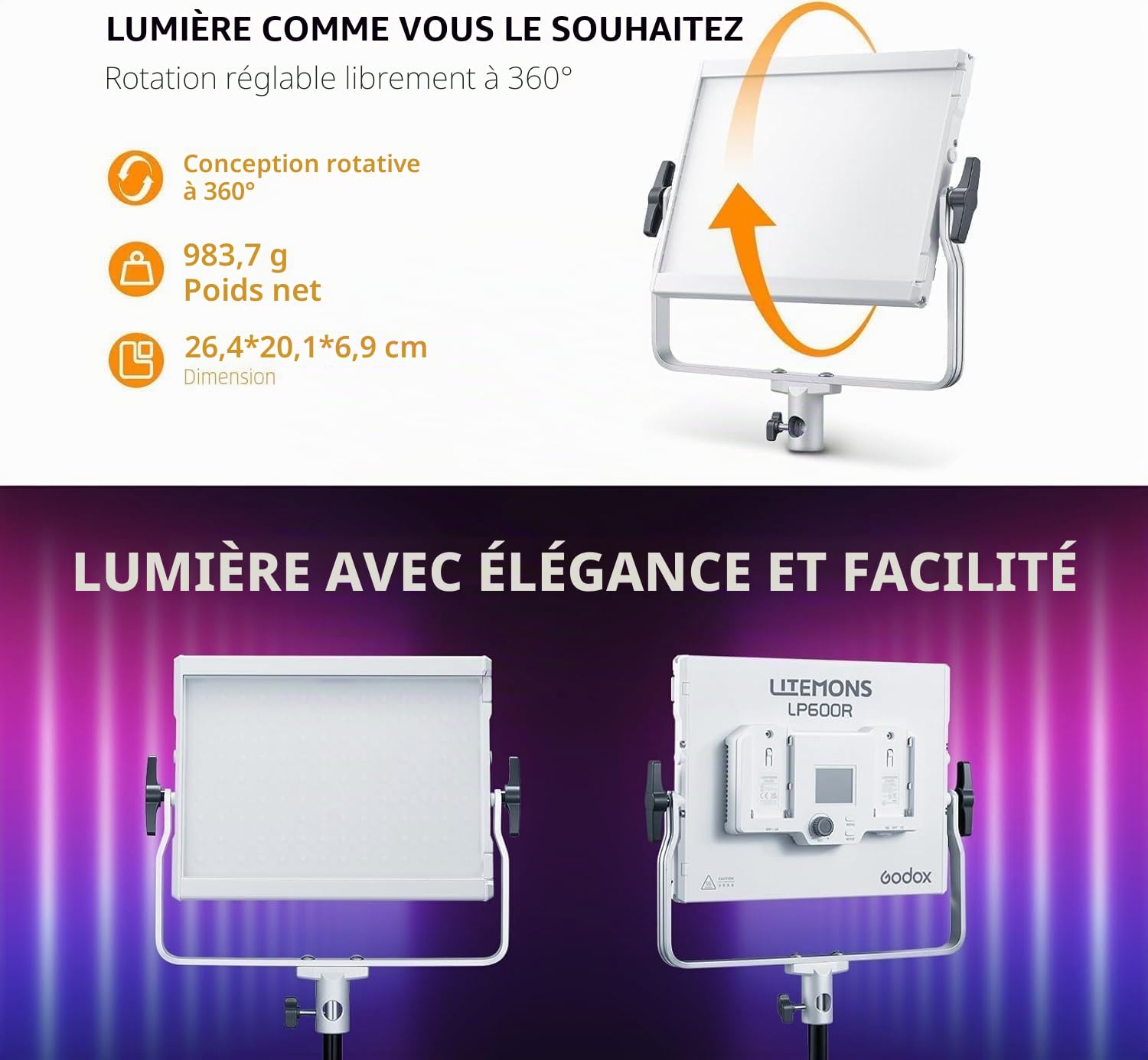 Godox LP600R RGB LED Lampe Vidéo avec Brandoor, 60W 1800K-10000K 9270Lux LED Panneau Lumiere avec 14FX Effets, APP Contrôle, CRI96+ Dimmable 0-100% Panneau Lampe pour Studio