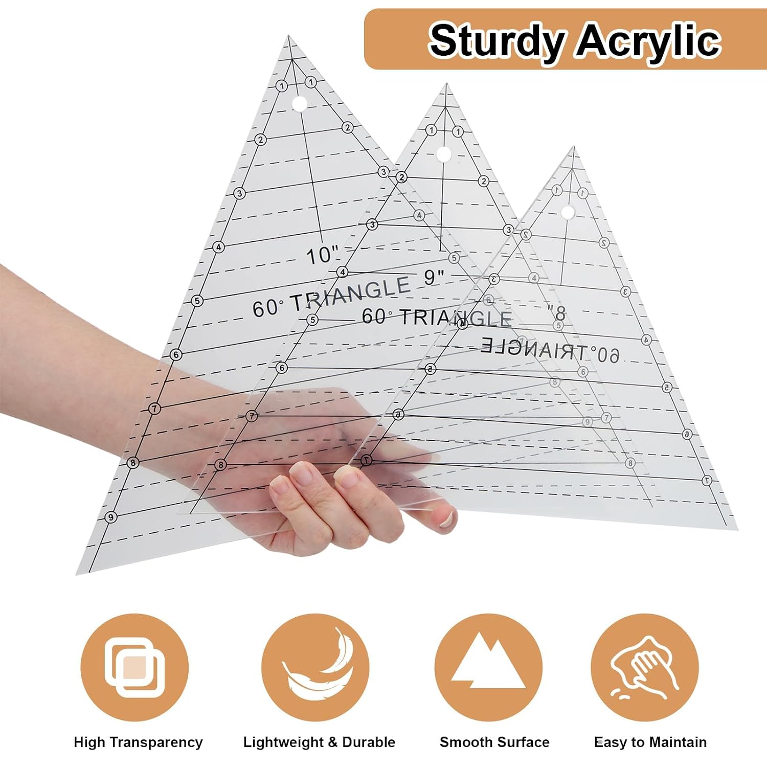 EEEKit 3 PCS 60 Degree Triangle Quilting Rulers, 8 9 10 Inch Acrylic Quilting Template Ruler, Triangle Stencil Template Sewing Tool for Layer Cakes