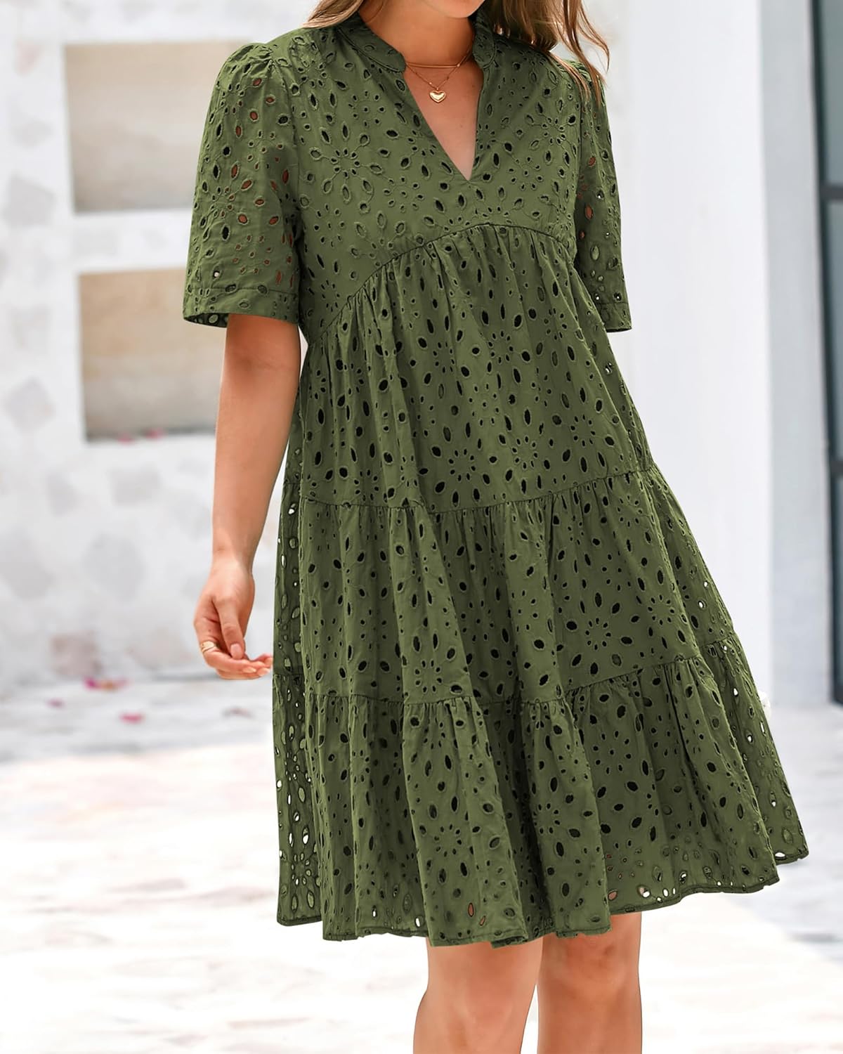 BTFBM Womens Boho Summer Dresses 2026 Spring V Neck Short Sleeve Hollow Out Lace Ruffle Casual Beach Mini Vacation Dress - Image 8