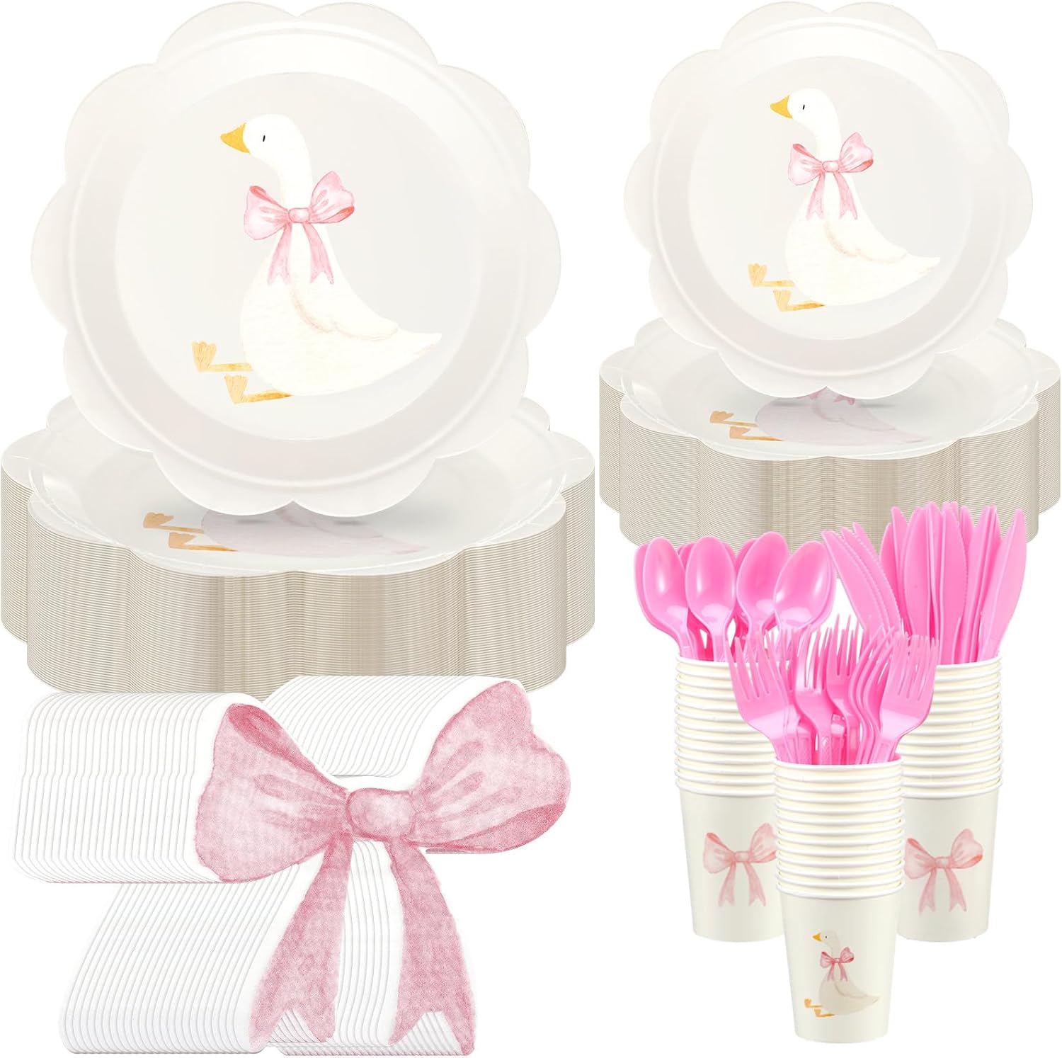 One Silly Goose Birthday Party Tableware Set for 25 Guest Disposable Plates Cups Bow Napkins Fork Knife Spoon Silly Goose Baby Shower Party Favors Birthday Decorations(175,Pink)