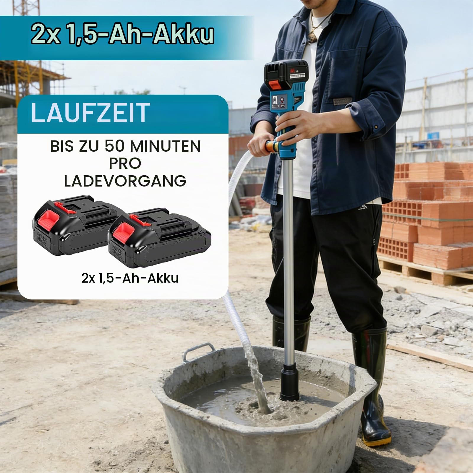 Akku Regenfasspumpe 21V, Regenfasspumpe Akku mit 2×1500mAh Akku und 8m Schlauch, Bürstenlos Motor,3-stufiger Durchfluss, max.Fördermenge 3000 L/h, Förderhöhe 8 m, für Garten Pool Wohnmobil Regentonne