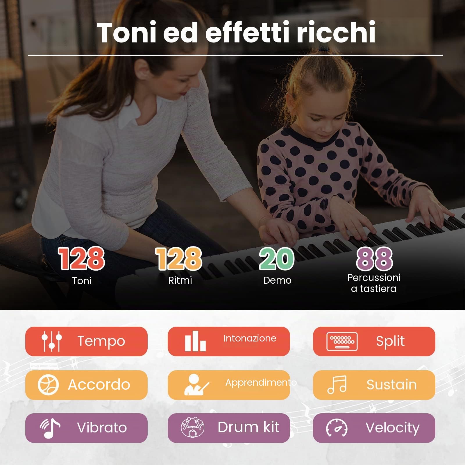 RELAX4LIFE Pianoforte Digitale Portatile con 88/61 Tasti Illuminati, Custodia, Leggio, Modalità di Insegnamento,MP3/USB/MIDI/Bluetooth (88 TASTI, MODELLO 1-BIANCO)