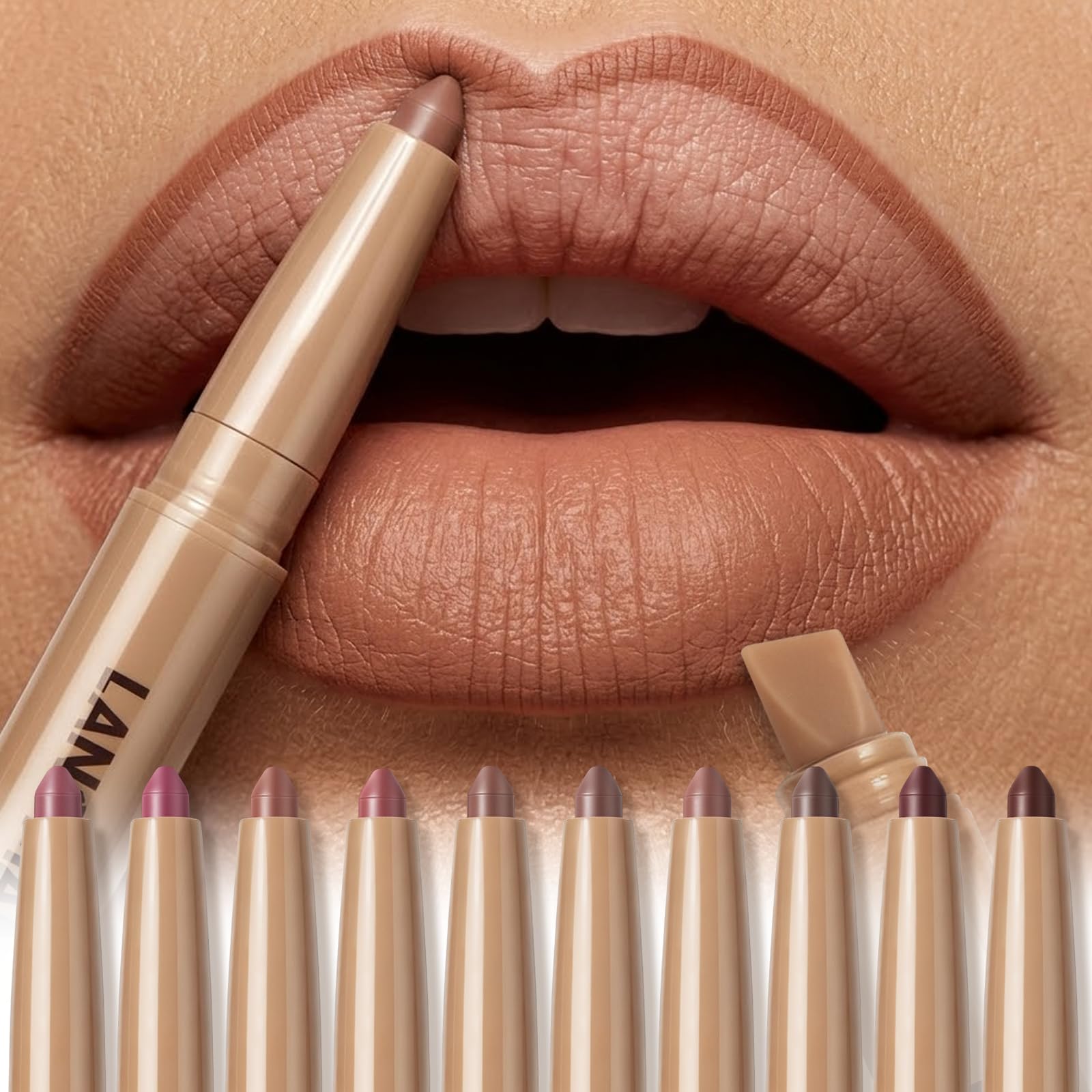 10-Color Dual-Ended Lip Liner Set with Silicone Blender Brown Nude Collection 1 Count (Pack of 10)