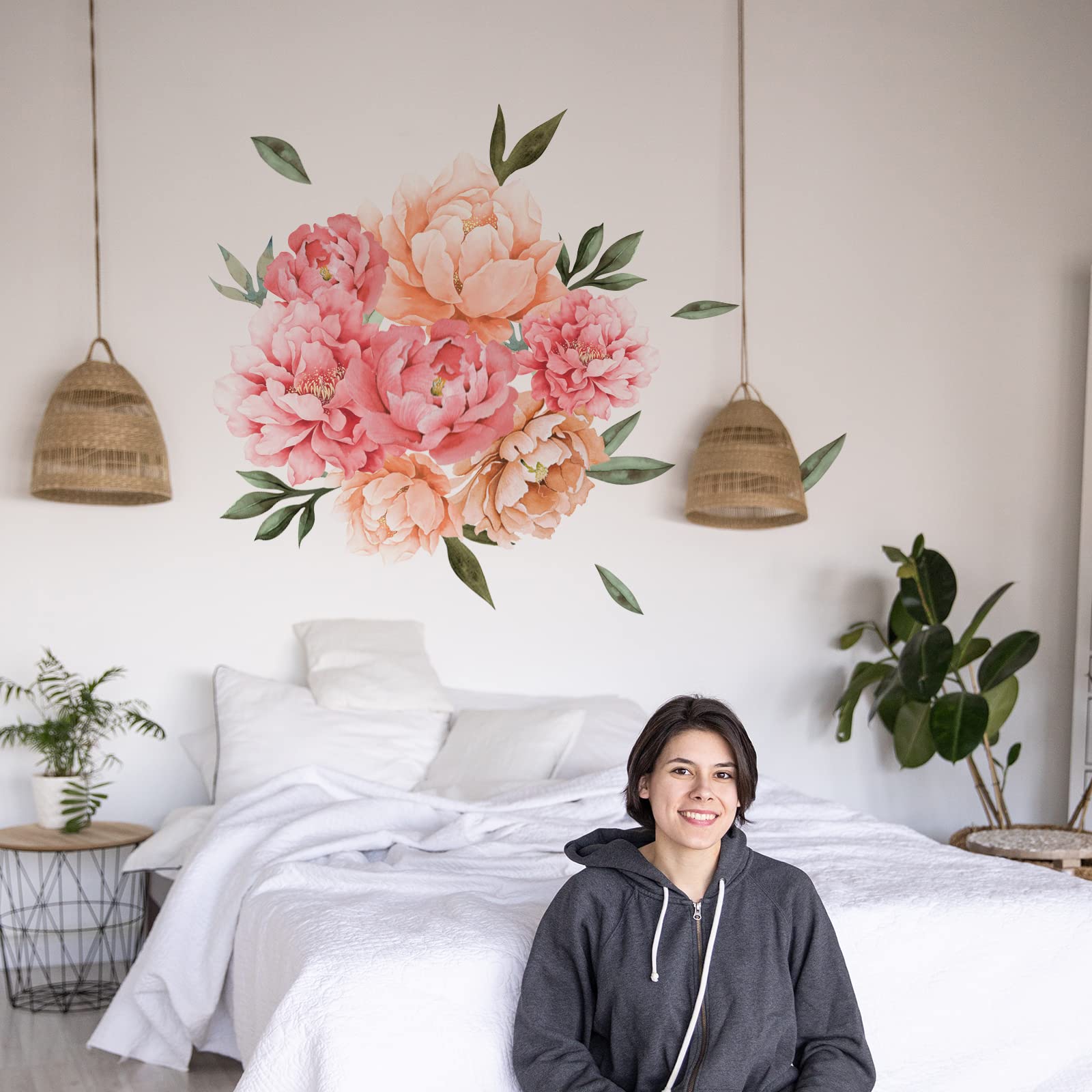 Calcomanías de pared de flores de peonía, calcomanías de pared con diseño de peonías elegantes, rosas de peonías, flores rosadas, apliques artísticos para sala de estar, dormitorio, habitación de