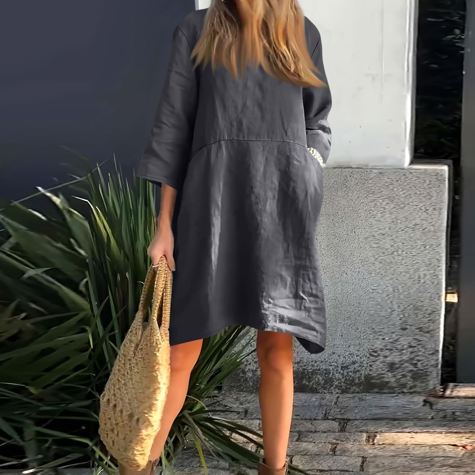 Abito Casual da Donne in Cotone E Lino A Tinta Unita con Scollo Rotondo E Maniche A 3/4 Abiti Ampio al Ginocchio Abiti A Tunica Casual A Trapezio Comodo Abiti da Spiaggia Prendisole con Tasche