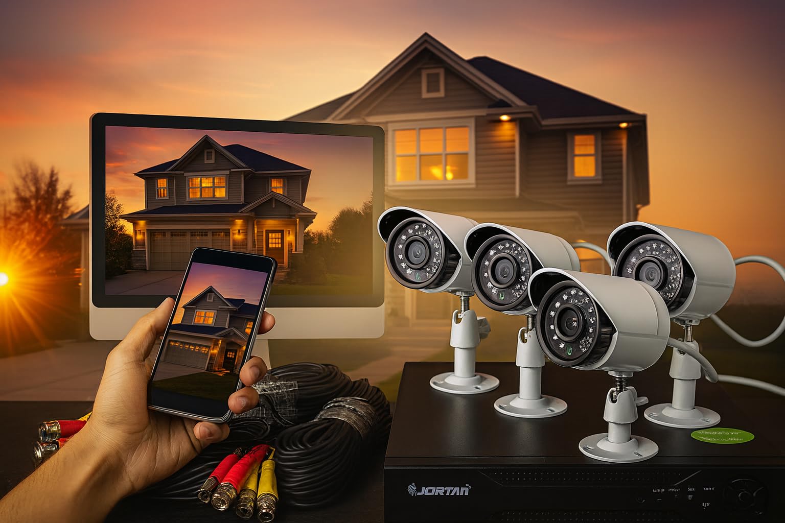 Kit Videosorveglianza AHD 1080P, DVR 4 Canali con 4 Telecamere HD Infrarossi, Sistema Sicurezza Casa Esterno Interno, Visione Remota Cloud IP, Registratore CCTV