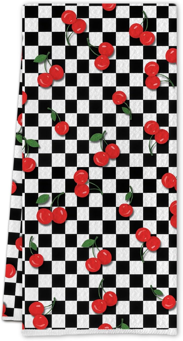 Black and White Checkered Cherry Kitchen Towels, Cherry Gifts Dish Tea Towels, Retro Trendy Checkerboard Cherries Fruit Decorative Hand Towel for Kitchen Bathroom, 16x24 Inch