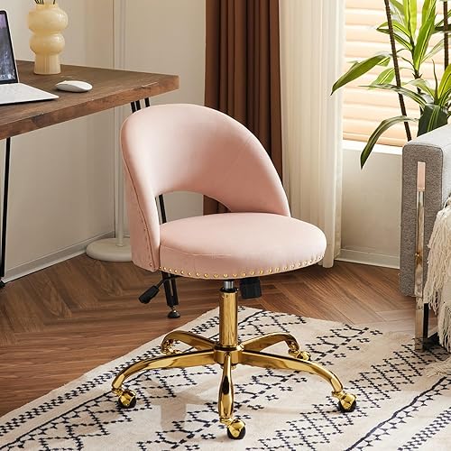 Vista 99 de VINGLI Silla de oficina pequeña de terciopelo moderna, bonita silla de escritorio con ruedas, base dorada/tachuelas, cómoda silla giratoria sin Beige