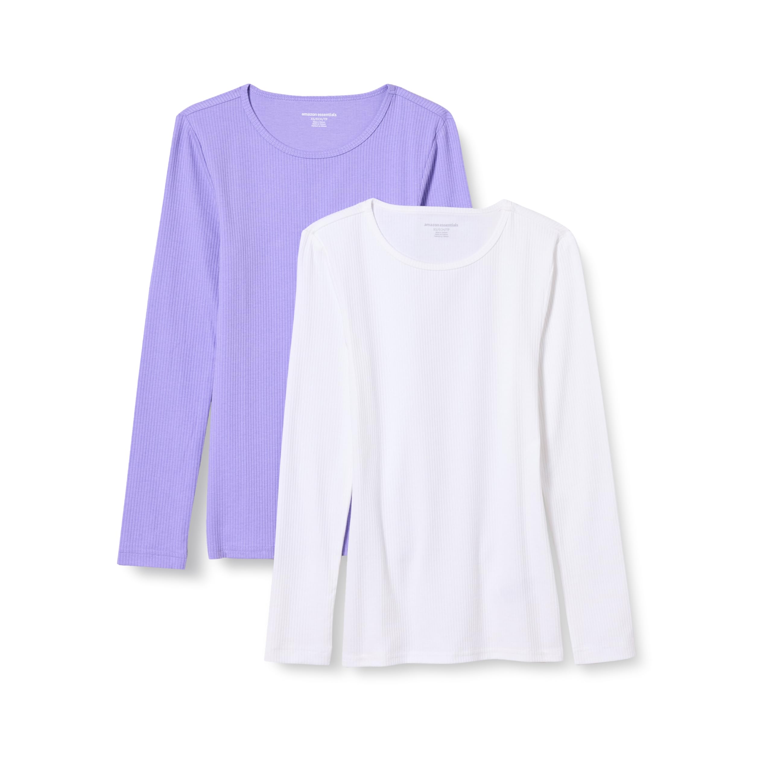 Amazon Essentials Women's Slim-Fit Long Sleeve Rib Knit Crew Neck Top, Pack of 2, Lavender/White, Medium