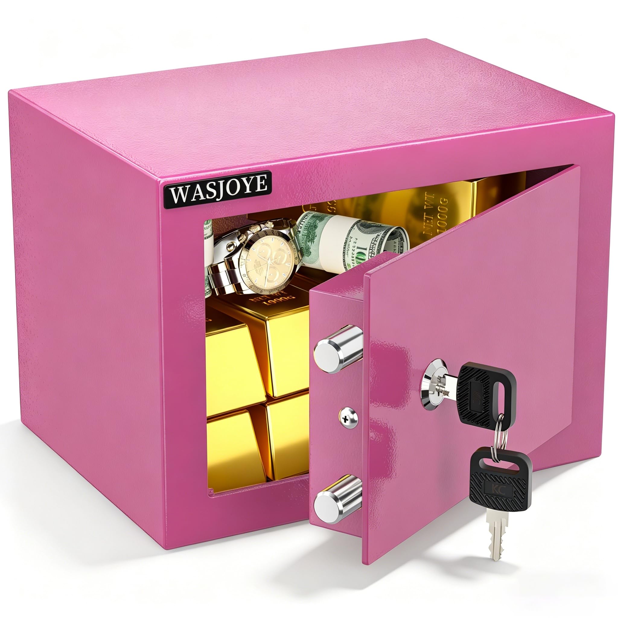 WASJOYE Mini Coffre Fort Domestique,17 * 23 * 17cm Coffre Fort Serrure à clé de Sécurité -Rosa Petit Coffre Fort pour la maison, L'argent, de Documents, de bijoux, de passeports 6.6L