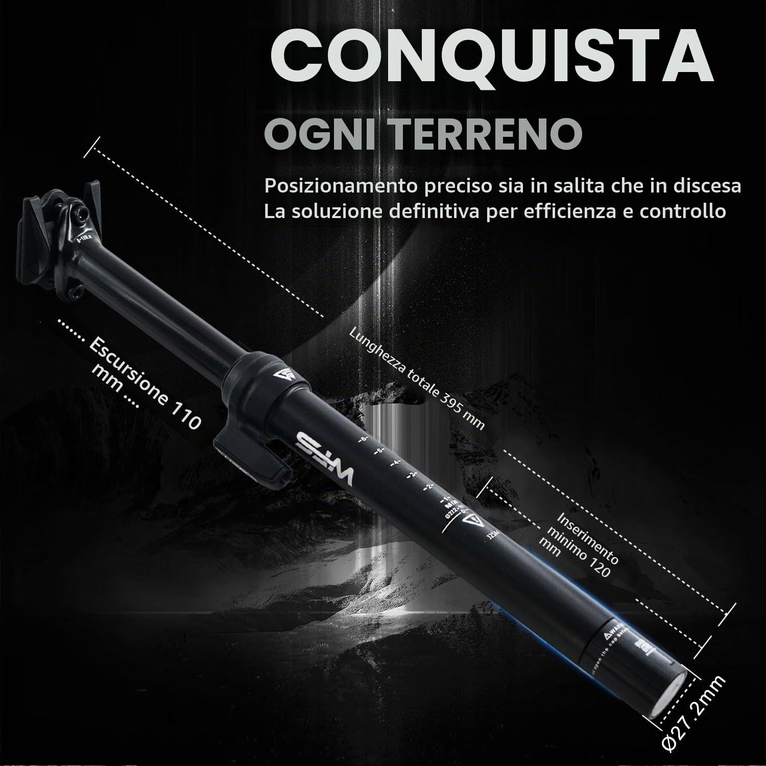 WFS Flex - Reggisella telescopico esterno con comando remoto per MTB – Diametro 27,2 mm, corsa 110 mm, lunghezza 395 mm, nero, include comando remoto e cavo