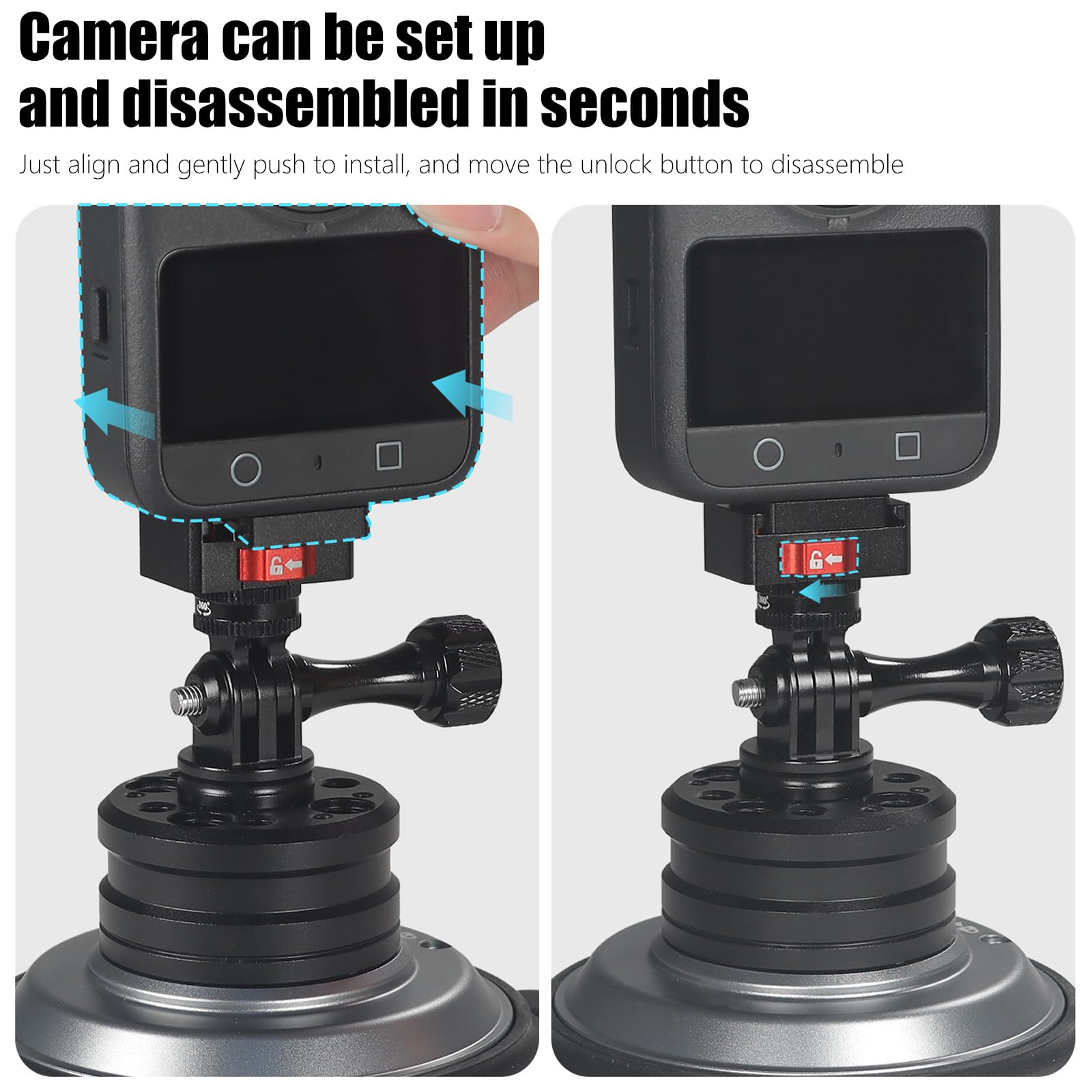 Soporte de cámara de coche ajustable de 360 grados con base de aleación y succión de vacío para soporte estable de video para cámaras de acción