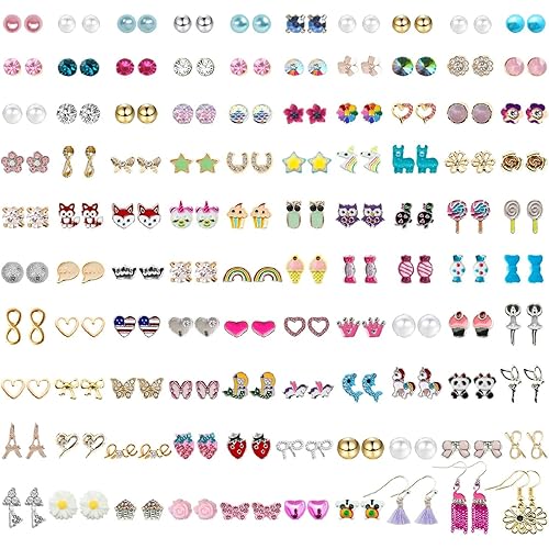 NEWITIN 100 Pairs Colorful Cute Earrings for Girls Sensitive Ears Hypoallergenic Girl Stud Earrings Set Stainless Steel Cartoon Stud for Girls and Women