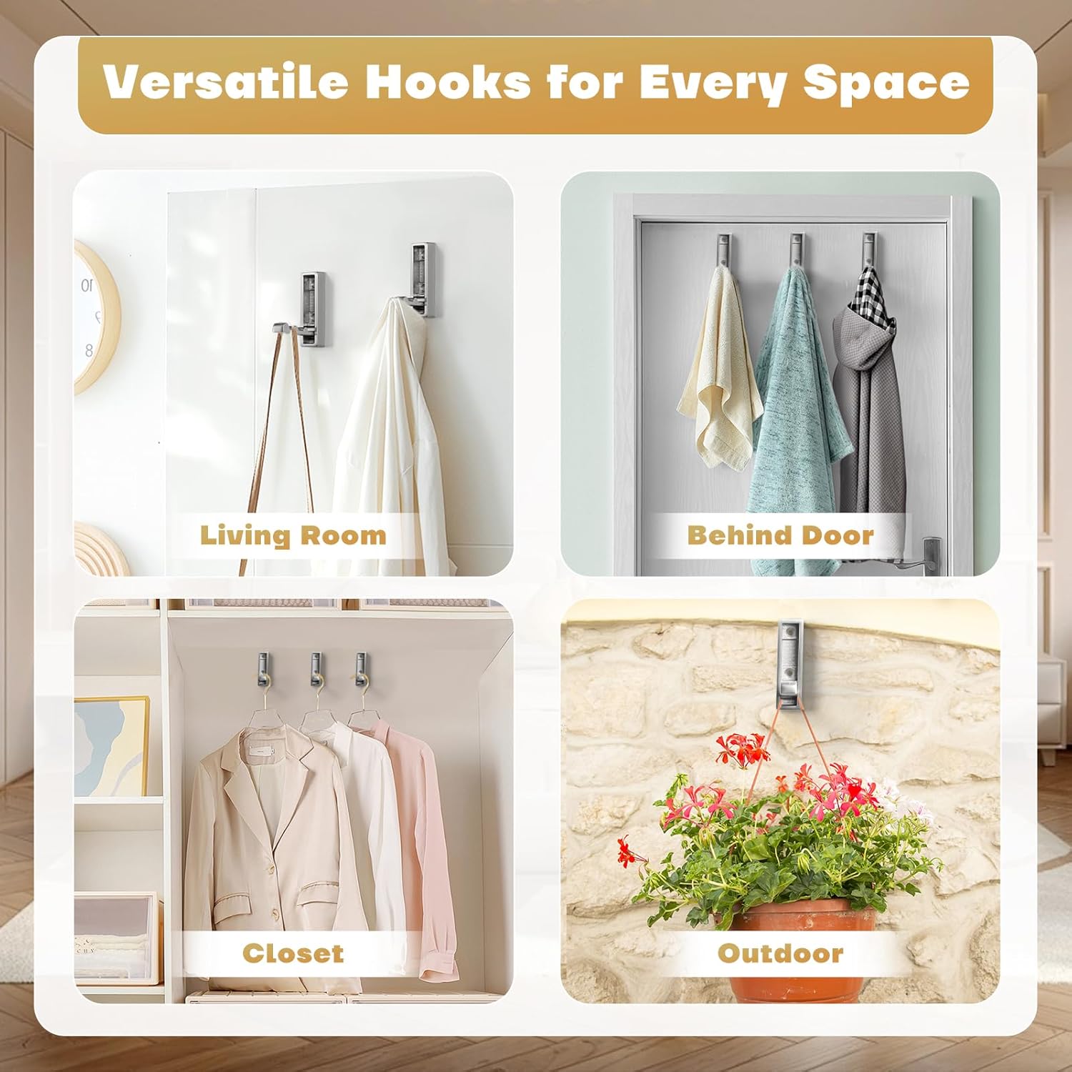 Folding Wall Hook, 4Pcs Foldable Coat Hooks Mounted, Heavy Duty Zinc Alloy No Rust Fold Up Hooks for Hanging Coat, Towel, Key, Hat, Bag, Jacket, Backpack (Brushed Nickel) - Image 6