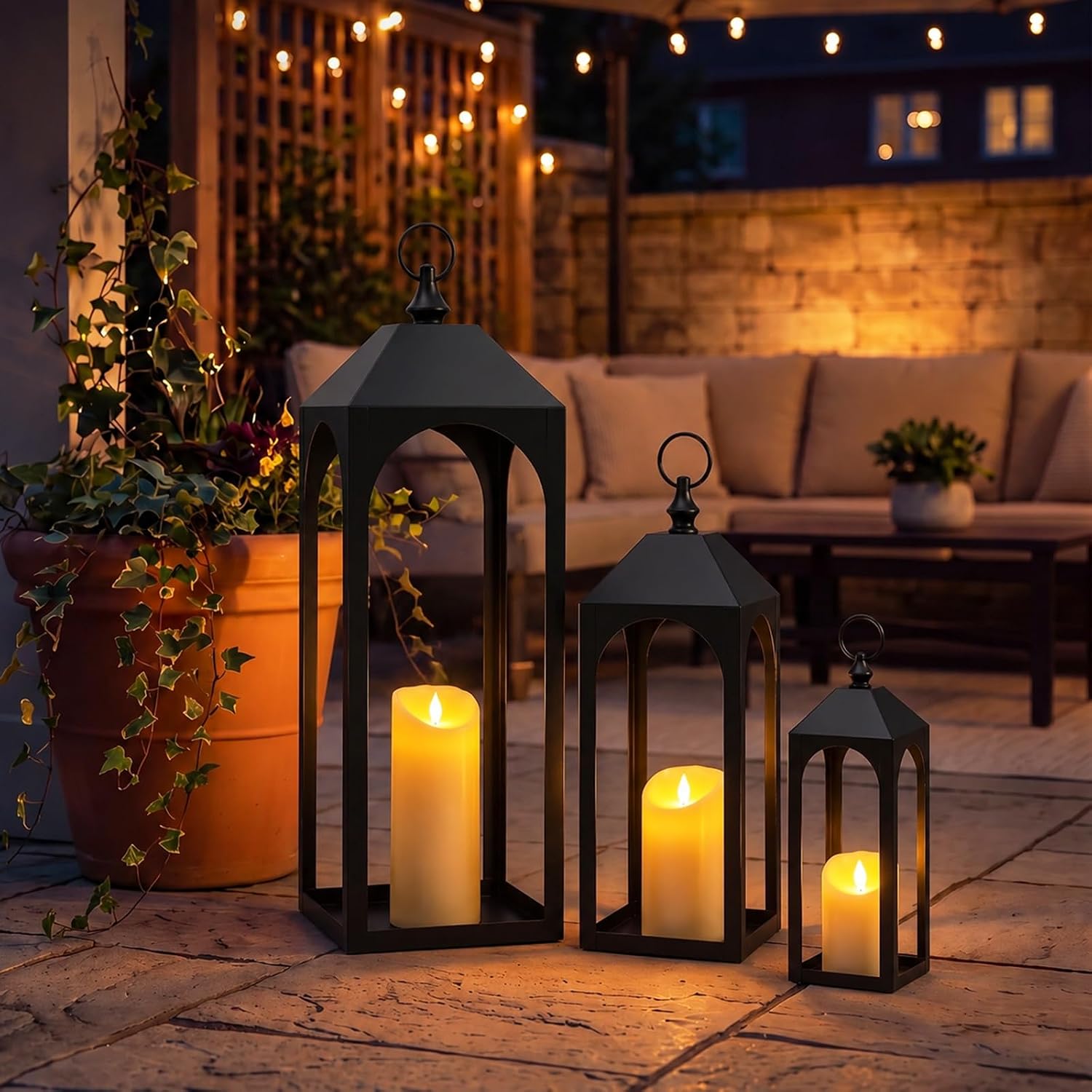 25"&19"&13" Large Decorative Lantern Outdoor Indoor, Set of 3 Black