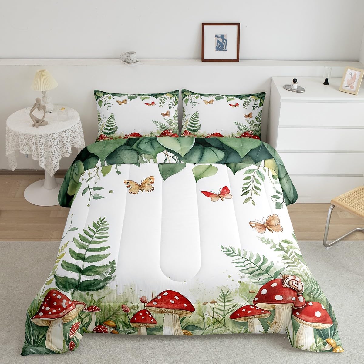 Erosebridal Mushroom Comforter Set Twin Size,Eucalyptus Green Leaf Bedding Set for Kids Girls Boys,Plant Botanical Quilt Bed Set Butterfly Rustic Country Bed Comforter Sets 2Pcs Room Decor