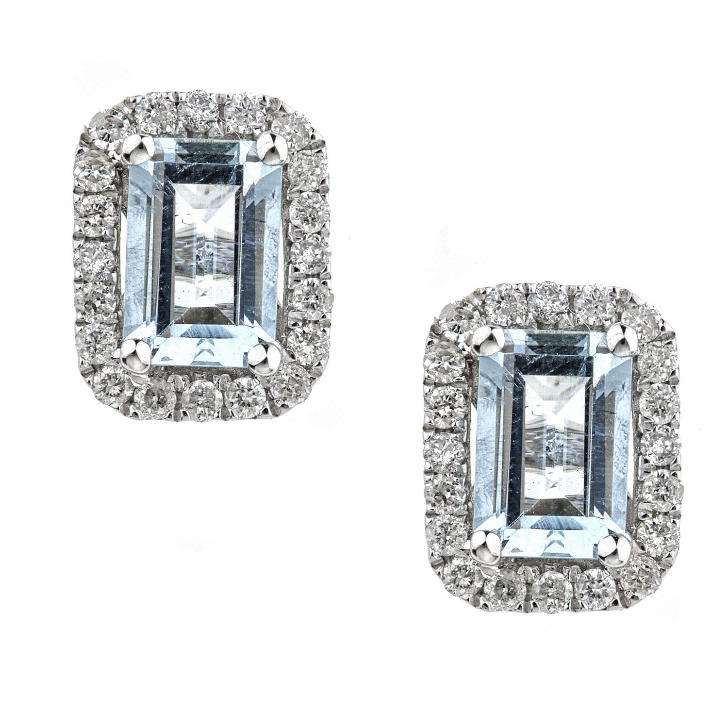 Gin & Grace14K White Gold Stud Genuine Aquamarine Earrings with Diamonds for women | Ethically, authentically & organically sourced (Emerald-cut) shaped Aquamarine hand-crafted jewelry for her | Aquamarine Earrings for women