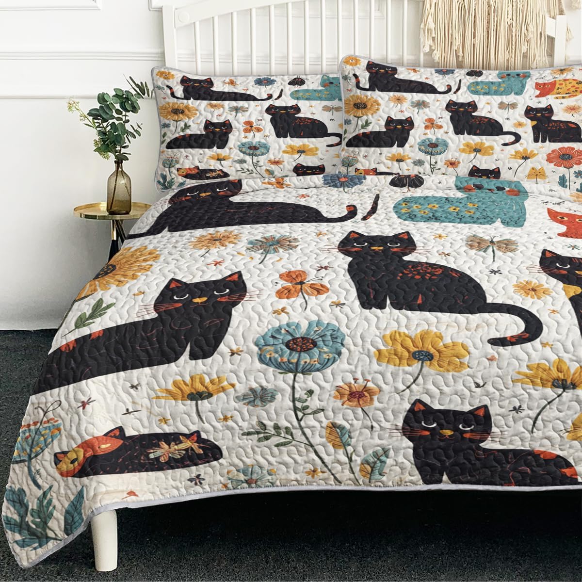 BlessLiving Grey Cat Quilt Set King(108"x96"), 3 Pieces Lightweight Cartoon Kitten Pattern Quilt Bedspread, 3D Kawaii Cats Bedspread Comforter All-Season for Women Girls Kids Cat Lover
