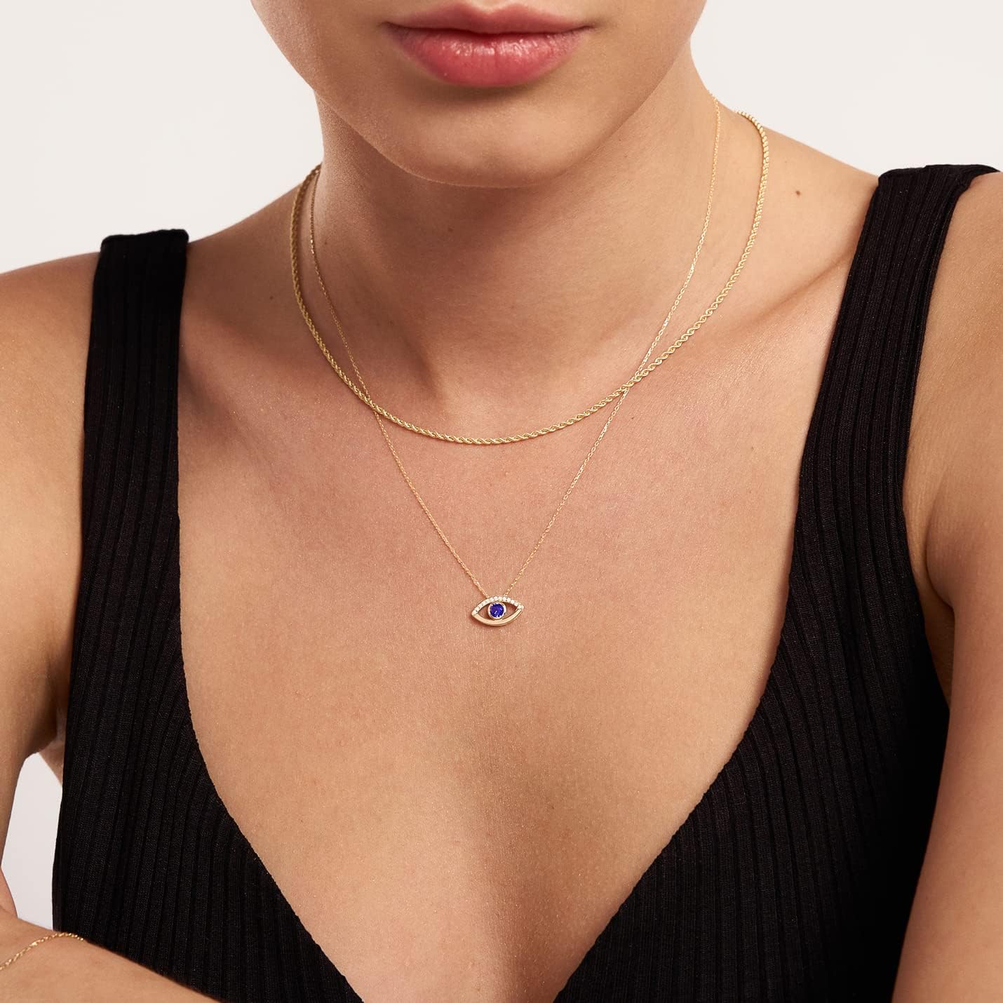 Gelin Diamond & Sapphire Open Evil Eye Pendant Necklace in 10K or 14K Solid Gold and 18kt Gold Over Sterling