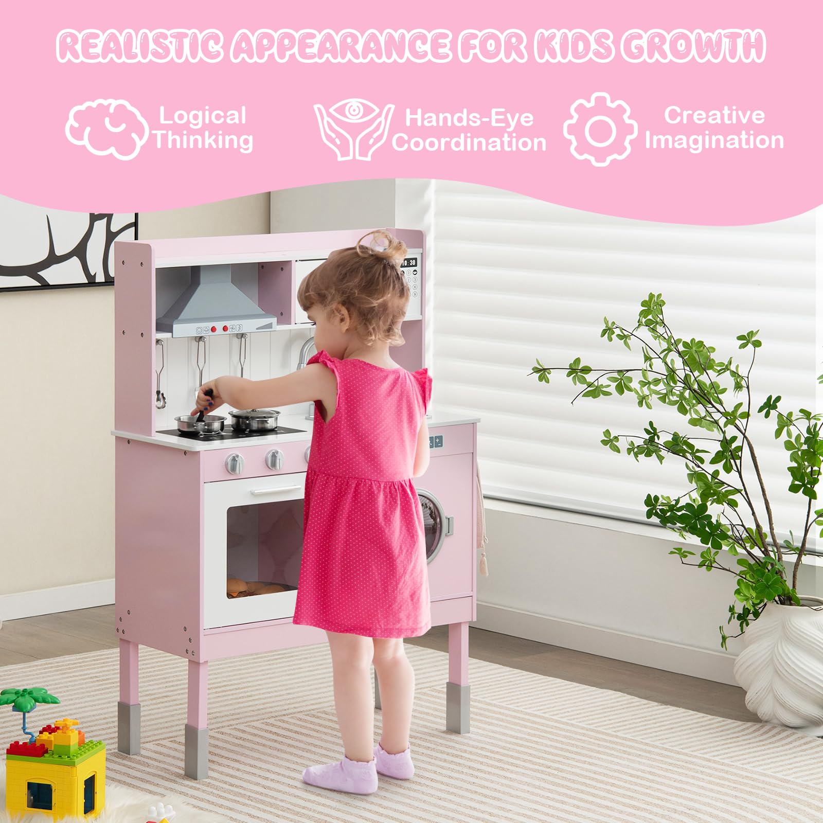 HOMASIS Cucina Giocattolo con Altezza Regolabile, Cucinetta per Bambini con Cappa Aspirante e Forno a Microonde, Cucin con Suoni e Luci in Legno per Bambini dai 3+ Anni (Modello 1, Rosa)