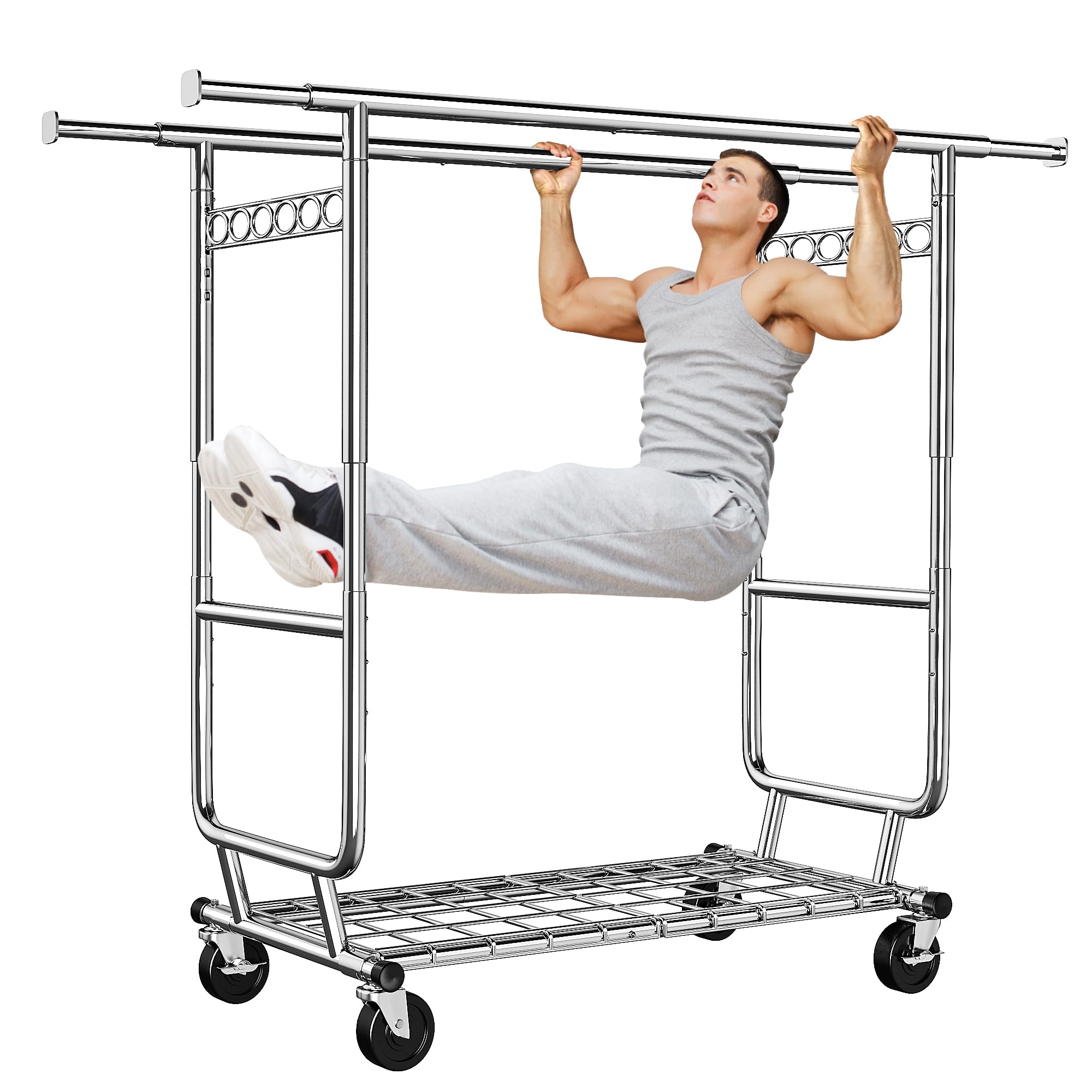 Raybee Clothes Rack Heavy Duty Clothing Racks for Hanging Clothes Load 620LBS, Rolling Clothing Rack with Wheels, Chrome Adjustable & Portable Commercial Garment Rack 22