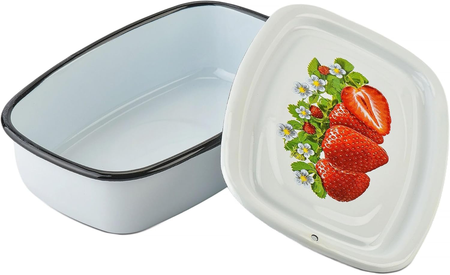 STP GOODS Enamel Food Storage Container with Lid 1.1 Qt (1 L) Enameled Steel Container for Food Enamel Tray with Lid, Oven Safe, Dishwasher Safe (Strawberry)