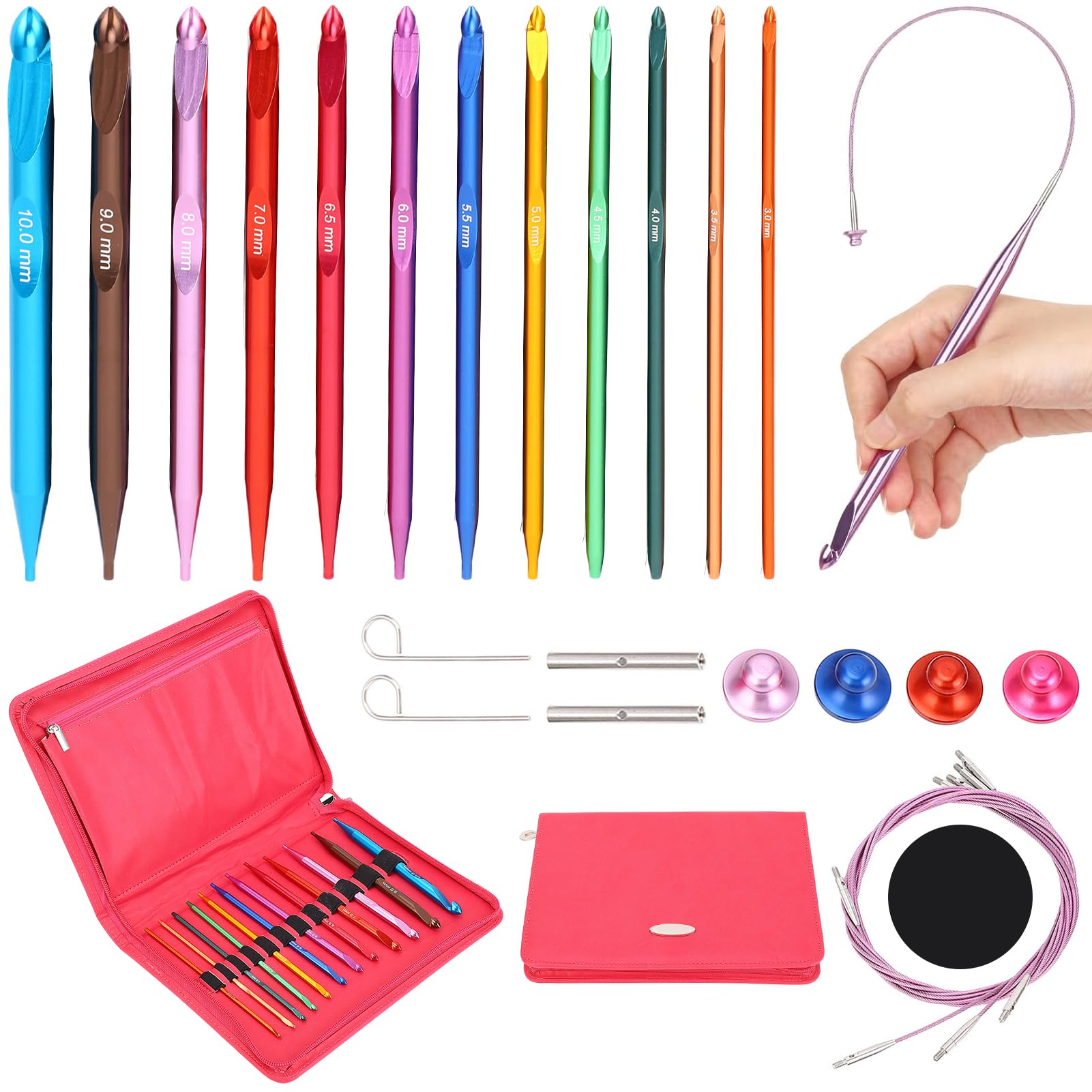 Set de ganchos de crochet tunecinos, ganchos de crochet intercambiables de aluminio colocados con cable de 12 piezas de 3 mm-10 mm con bolsa PU