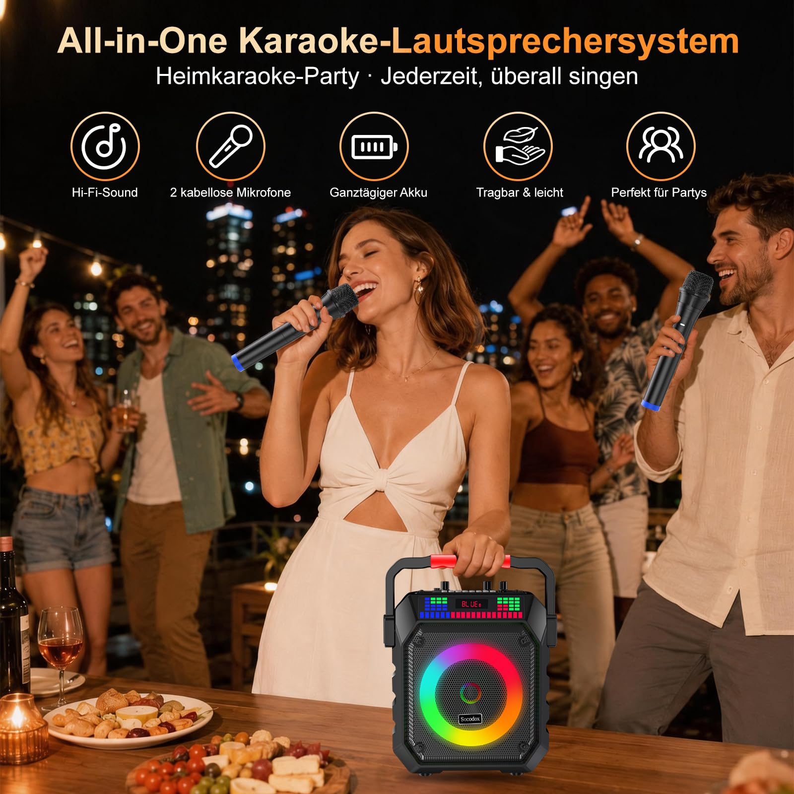 Karaoke Box mit 2 Mikrofonen für Erwachsene & Kinder | 5200mAh Akku für 12h Laufzeit, Echo, RGB-Lichter, Bluetooth, USB/TF-Aufnahme, Mic-Eingang – leichtes 2kg Party-Soundsystem