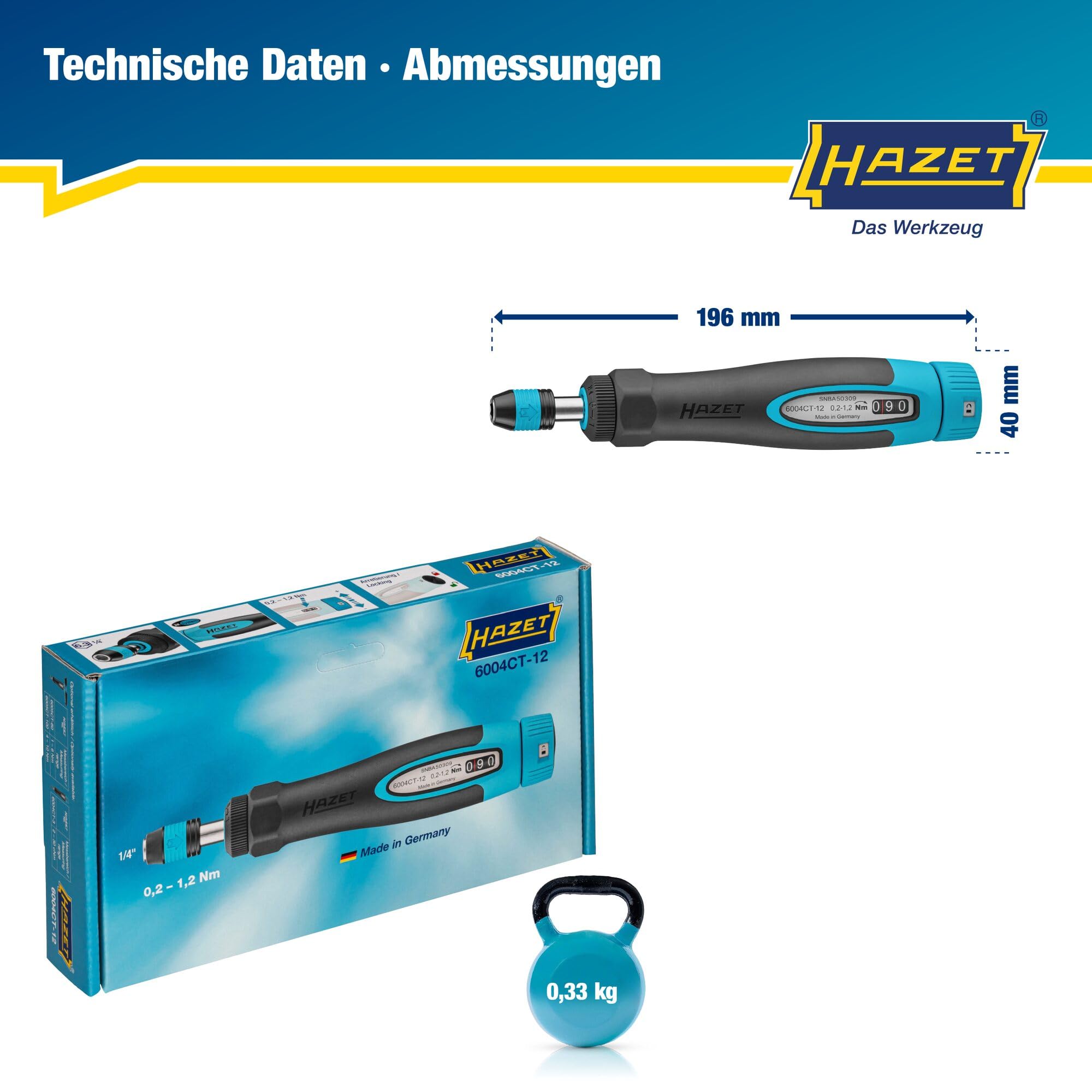 HAZET Drehmomentschraubendreher 6004CT-12, 1/4" mit Standardgriff, 0.2-1.2 Nm, 6% Genauigkeit, 196 mm Länge, umschaltbar rechts/links, Freilaufmechanismus