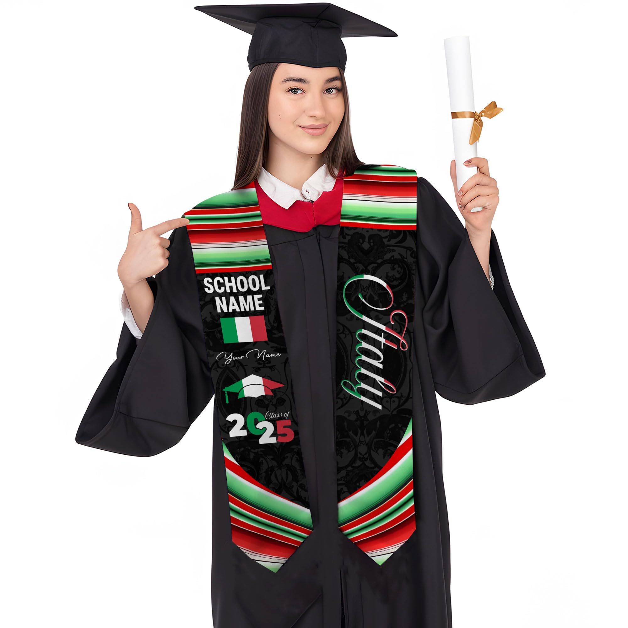 MonkeyVan Personalized Italy Flag Graduation Stole Sash 2025, Italians American Flag Graduation Sash For International Student Itl 7